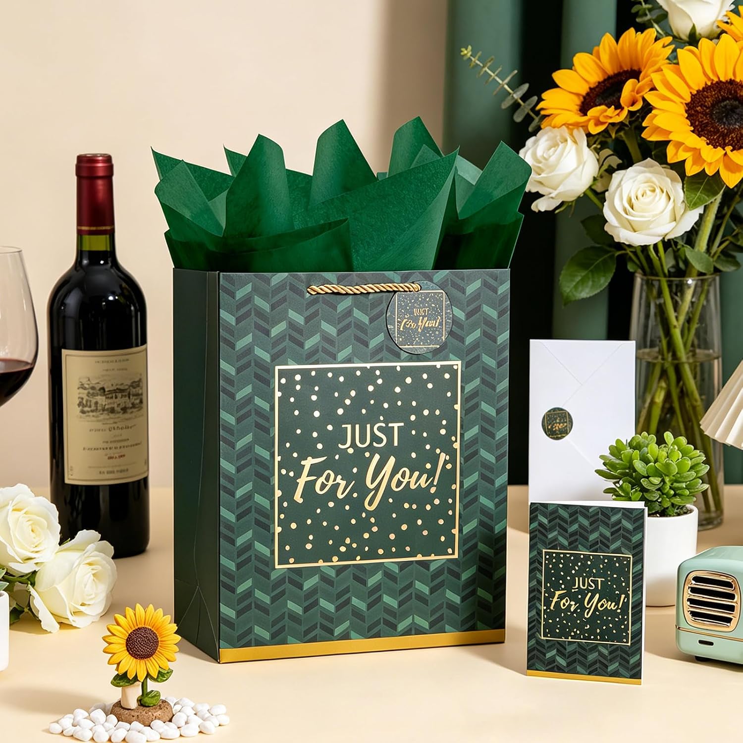 Enfoldia 13" Large Dark Green Gift Bag with Handles Greeting Card Tissue Paper and Stickers for Men Birthdays Father's Day Paper Bag Wedding, Birthday, Bridal Party Christmas Party Favor Bags Shopping Gift Wrap Bags image 5