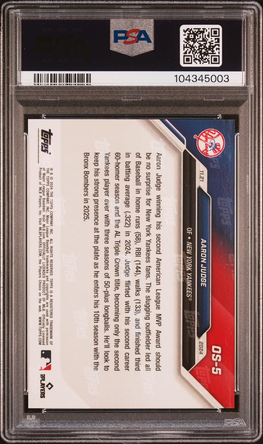 Aaron Judge 2024 Topps Now Offseason MVP Baseball Card #OS5 Graded PSA 10