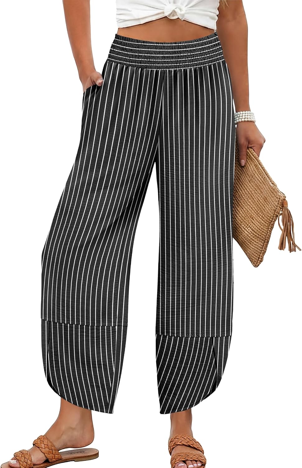 Lepunuo Womens Baggy Wide Leg Pants Summer High Waisted Palazzo Pants Beach Vacation 2026 Casual Trousers with Pockets