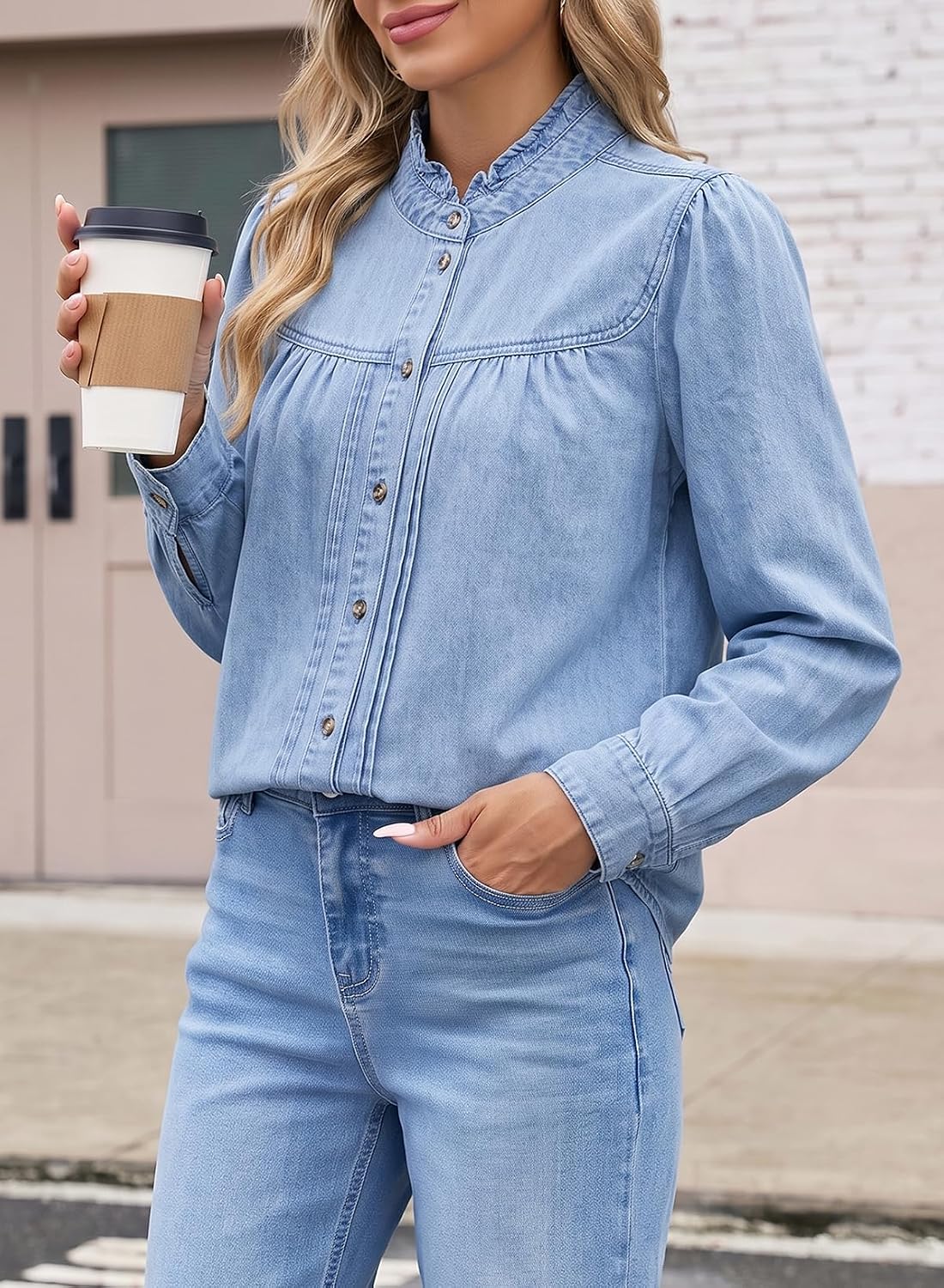 Sidefeel Womens Denim Shirt Button Down Long Sleeve Jean Blouses Tops image 5