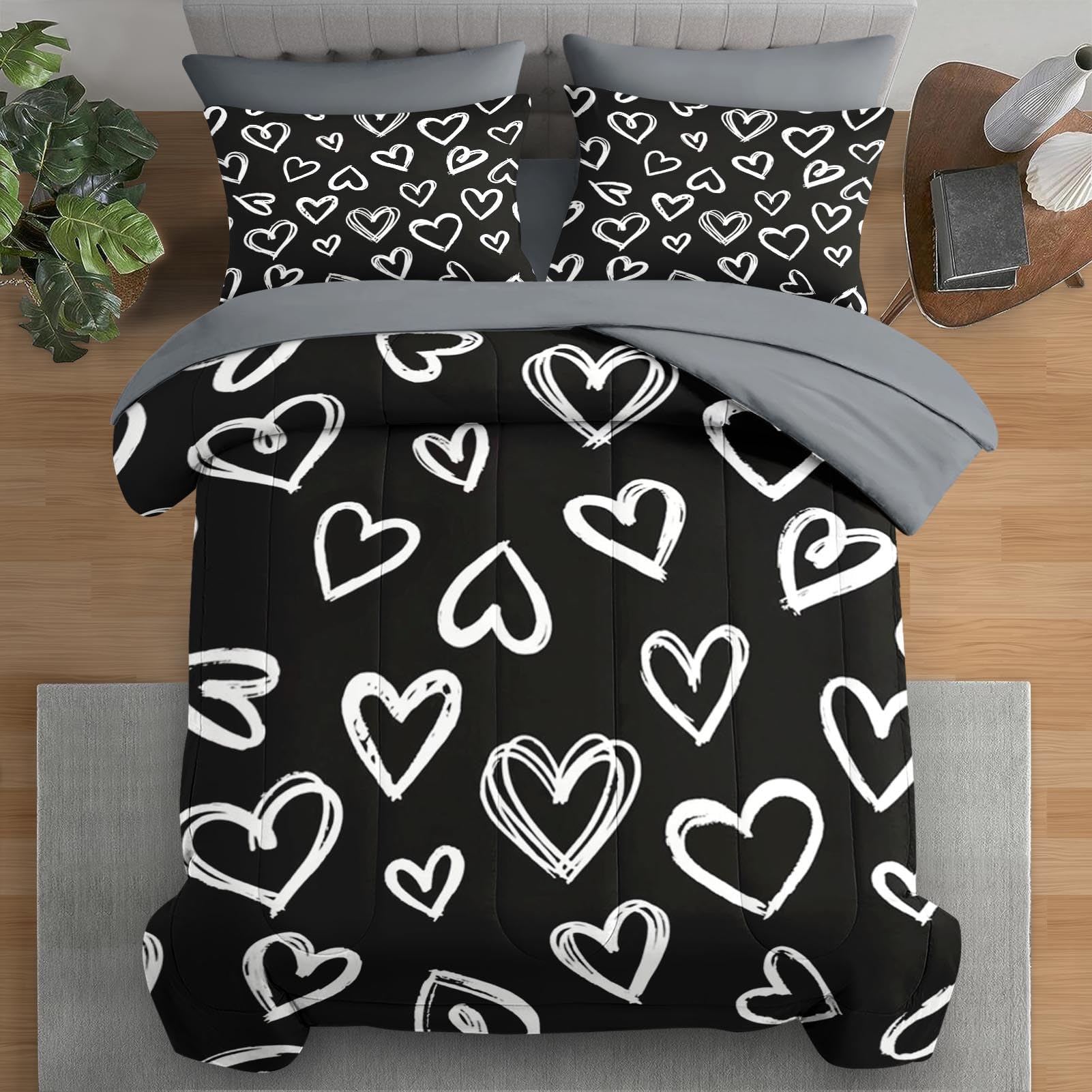 Pamnest Comforter Set Full Size, Love Cute 7 Pcs Bedding for Kids and Adults, Heart White Bed Sheet Sets with Fitted Sheet 2 Pillowcases & 2 Shams for Bedroom Bed Decor