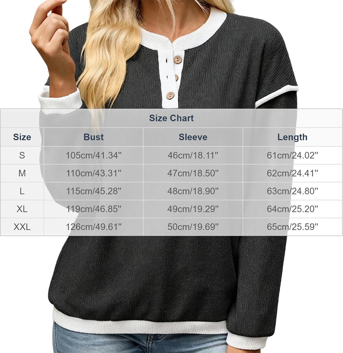 Women's Color Block Henley Sweater Long Sleeve Button Placket Tops