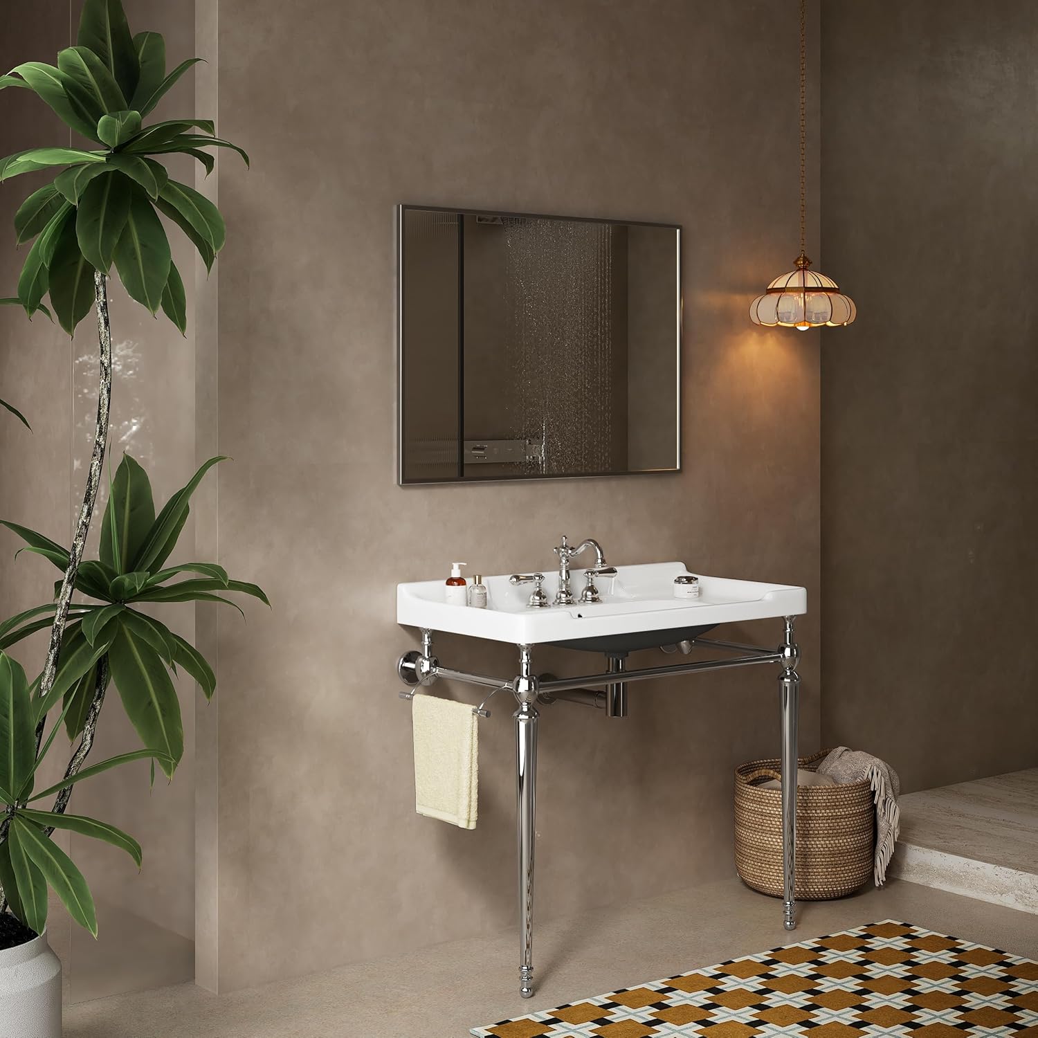 36 Inch Console Bathroom Vanity with Ceramic Sink, Open-Frame Stainless Steel Legs with Towel Bar, 3 Faucet Holes, Wall-Mounted Support, No Faucet (Silver Frame | White Sink)