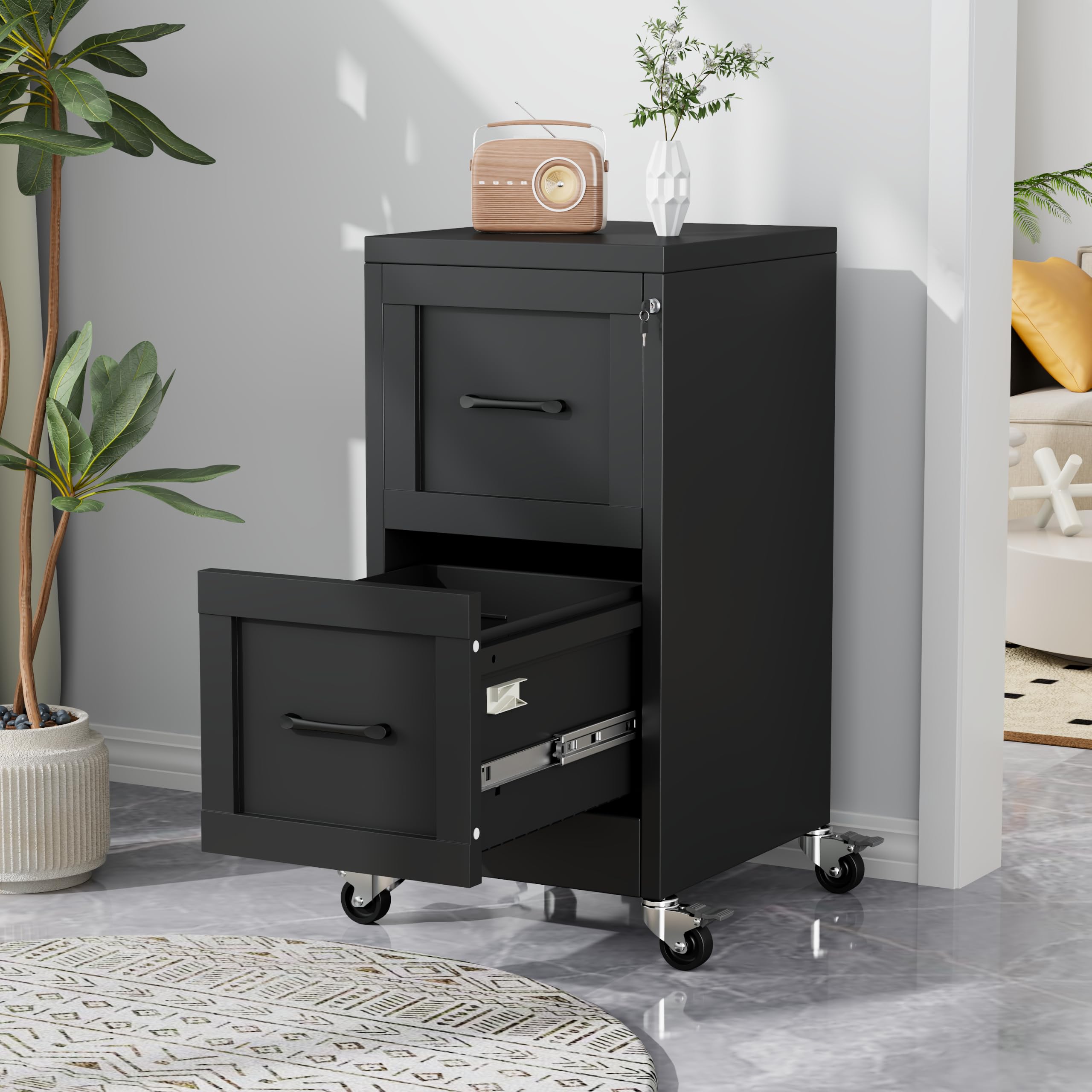2-Drawer Rolling Metal File Cabinet with Lock, Narrow, Black