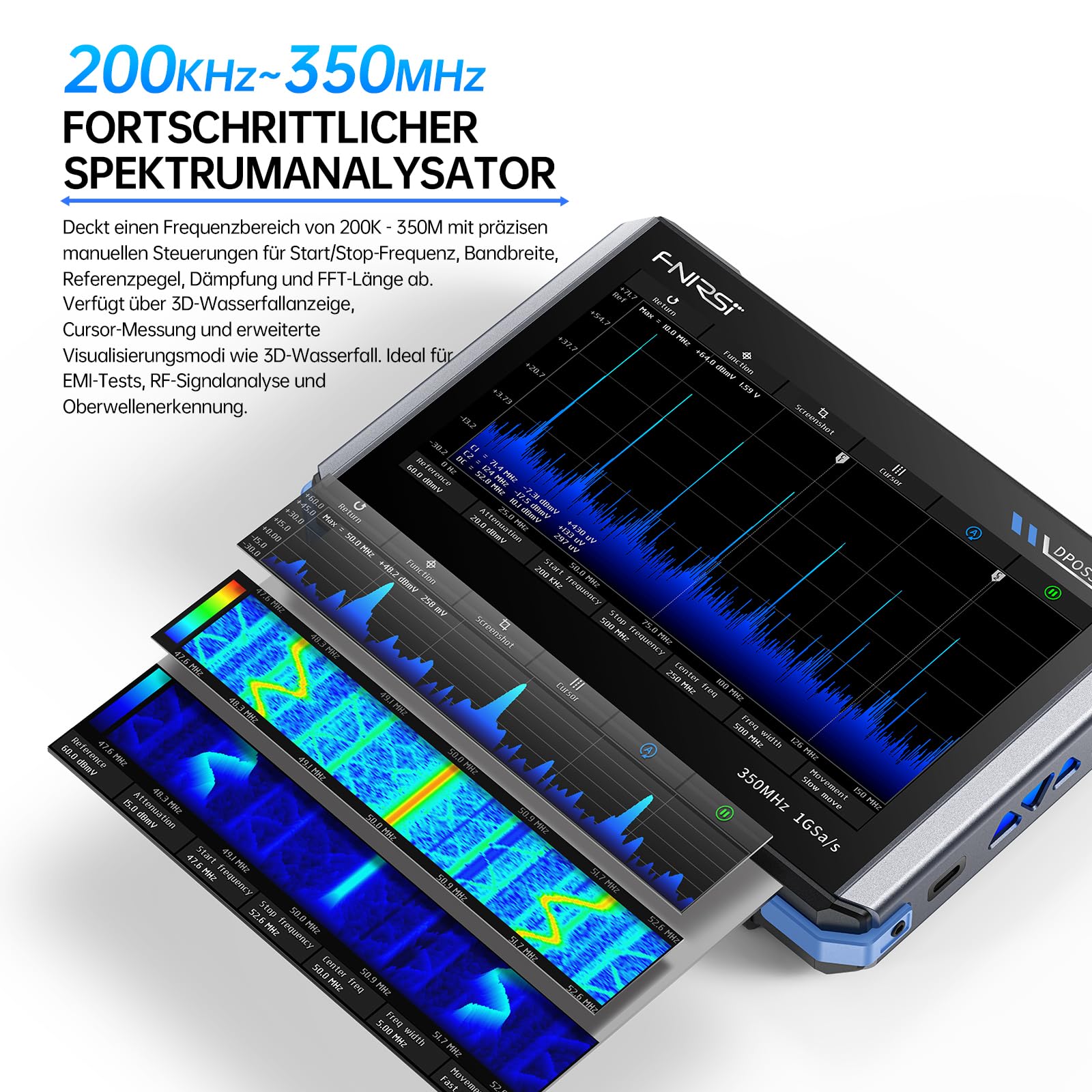 FNIRSI DPOS350P 4-in-1 Tablet-Oszilloskop 350 MHz, Spektrumanalysator 200 kHz – 350 MHz, Frequenzganganalysator DDS-Generator, 2-Kanal-Handoszilloskop 1 GSa/s, 7-Zoll-Touchscreen, digitaler Phosphor
