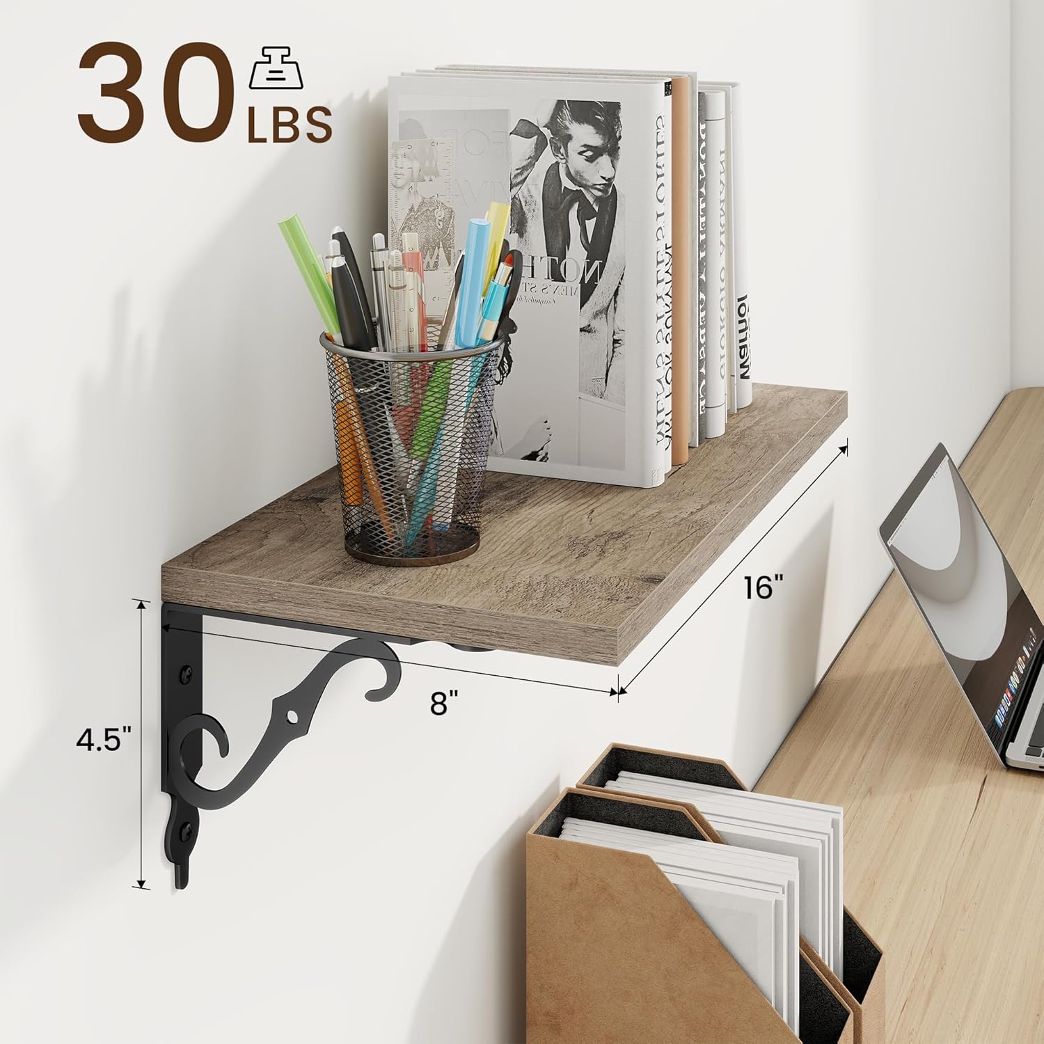 RICHFOCUS Floating Shelves for Wall Decor, 8 Inch Deep Shelves Set of 2, 16W x 8D Floating Shelves Wall Mounted with Metal Brackets, Rustic Wood Shelves for Living Room Bedroom Kitchen, Grey