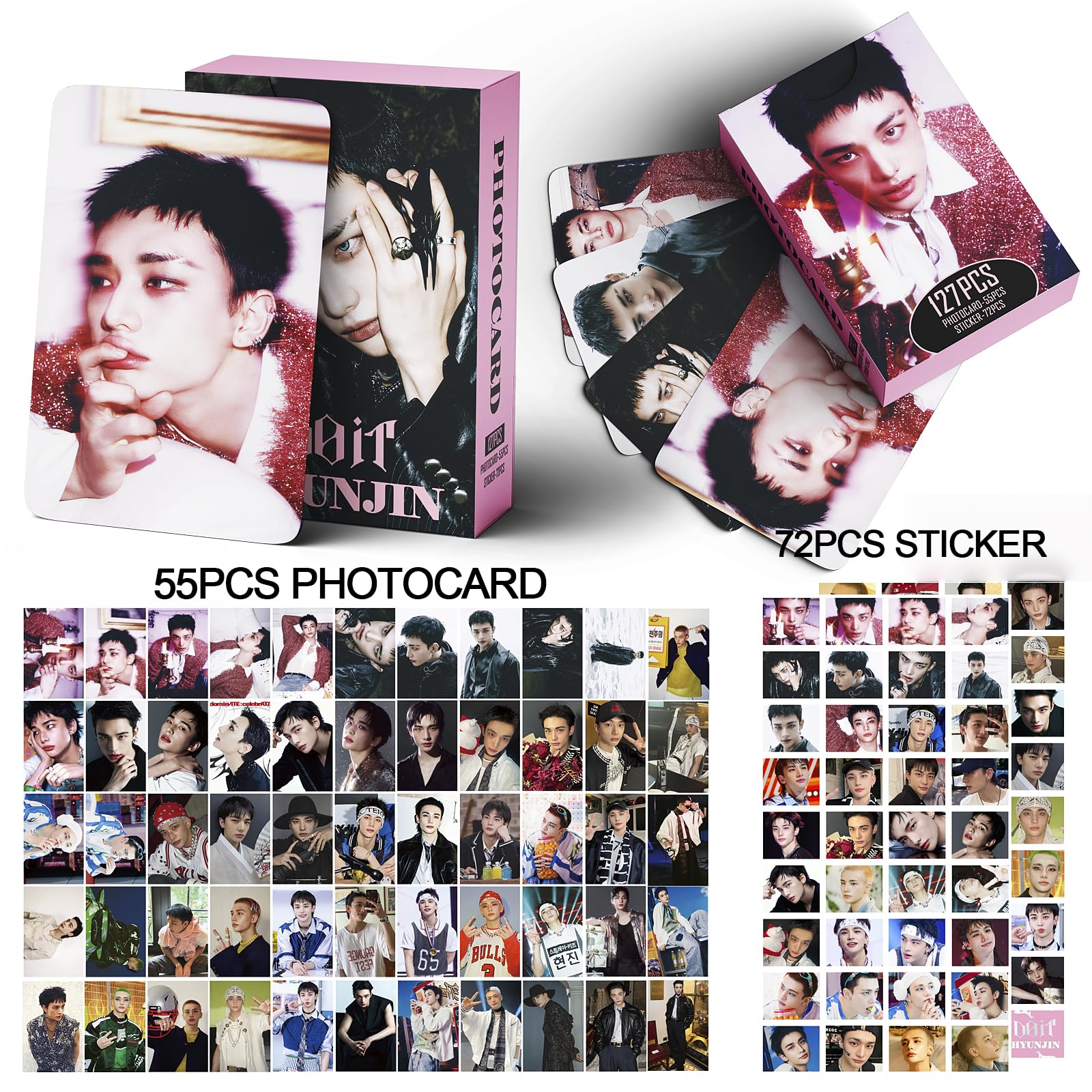 Fotocard dei Stray Kids 127 pezzi, set di foto per l'album DO IT, merchandise dei Stray Kids, 55 pezzi di fotocard e 72 pezzi di adesivi, regalo per STAY, set regalo per i Stray Kids (HYUNJIN)