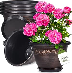 Plastic-Plant-Flower-Planters-8 Inch with Drainage Hole &amp; Saucer, 6 Packs Lightweight Small Resin Flower Pot Indoor Outdoor, Retro Antique Imitation Decorative Garden Containers Sets for Houseplants