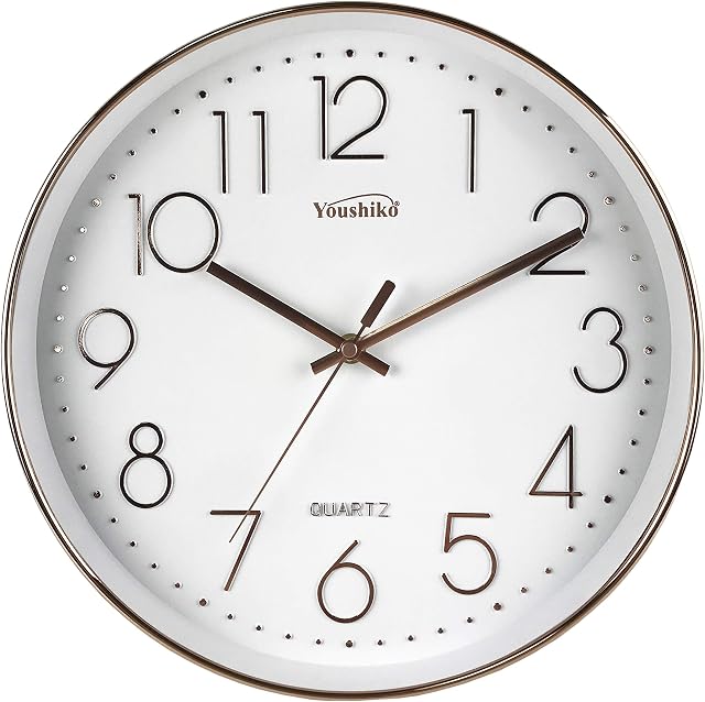 Youshiko Large Bold Quartz Rose Gold Wall Clock, 12'' Non Ticking Silent Sweeping Seconds, Home/Kitchen/Office/School Clock, Easy to Read