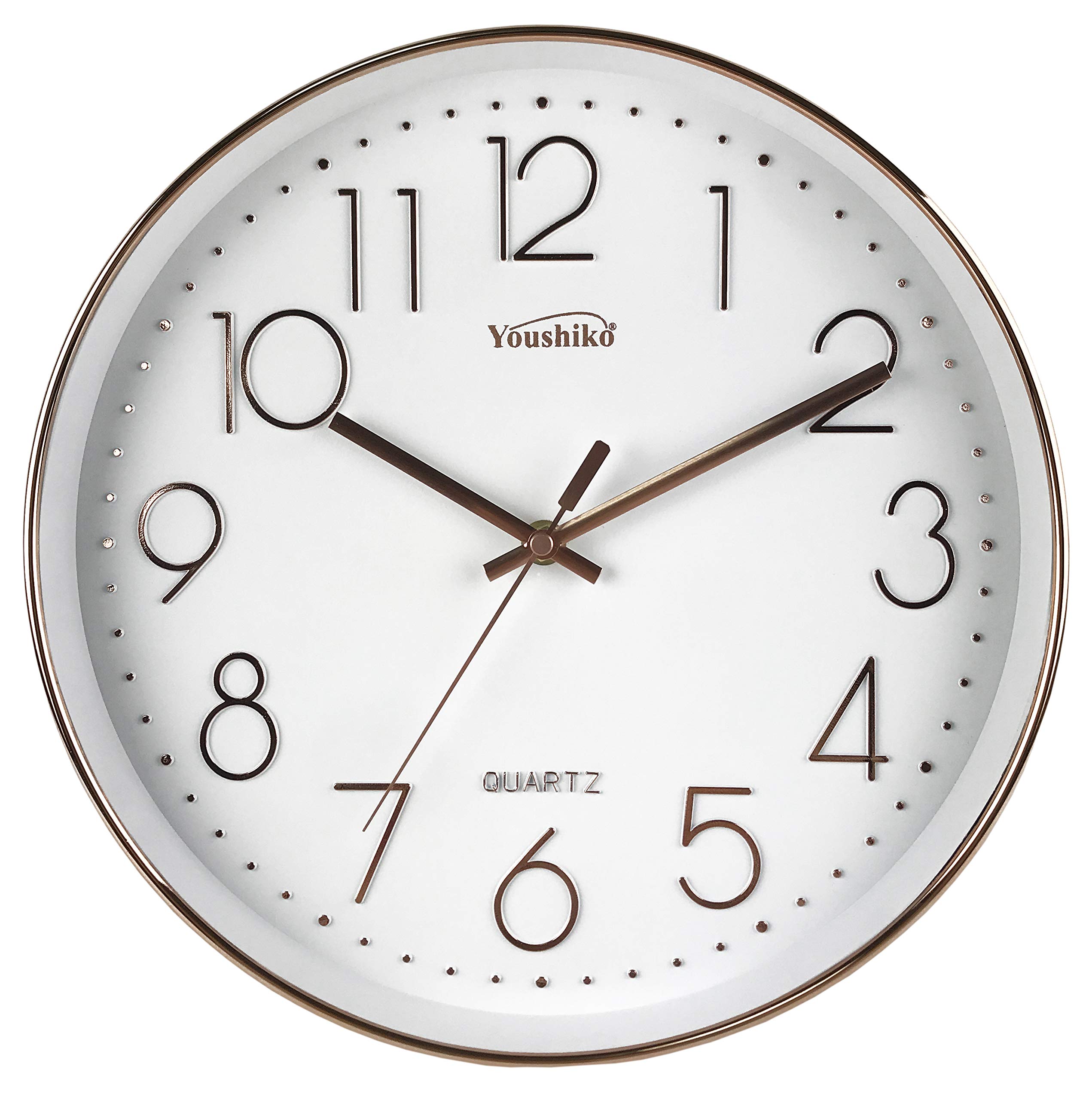 Youshiko Large Bold Quartz Rose Gold Wall Clock, 12'' Non Ticking Silent Sweeping Seconds, Home/Kitchen/Office/School Clock, Easy to Read