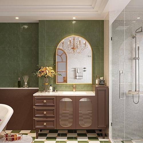 Miniatura 2 de Mestikits Espejo de arco dorado de 24 x 36 pulgadas para baño, espejo de pared arqueado, espejo de tocador, marco de metal dorado, espejos arqueados