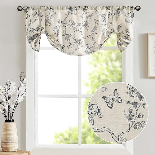 Lazzzy Cenefa de cocina para ventanas, con aislamiento térmico, cortina opaca con estampado floral de granja, lino sintético, cenefa de cortina para