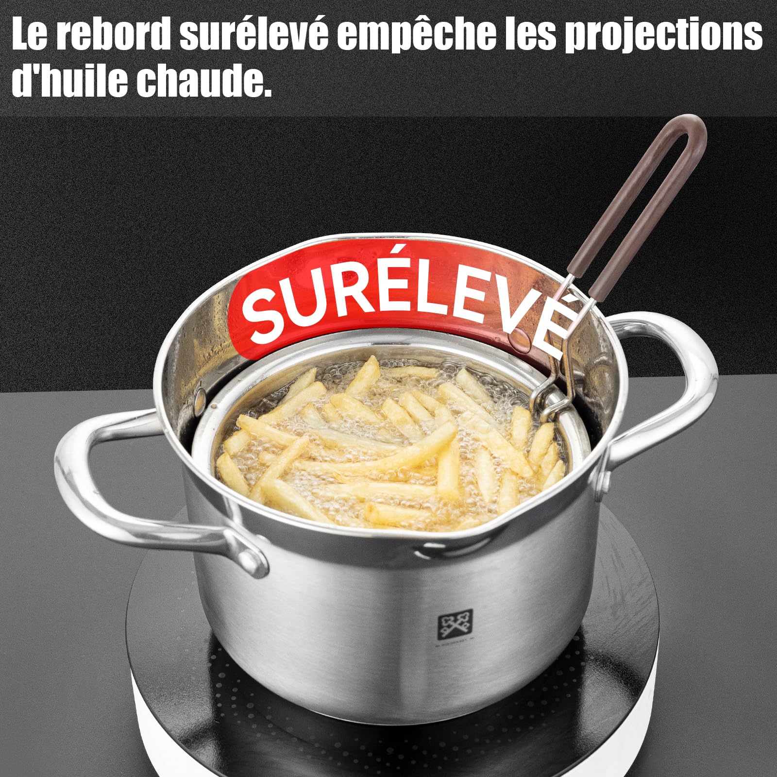 Friteuse en acier inoxydable 4L，Marmite à Friture en Acier Inoxydable avec Panier & Couvercle Verre pour Frites, Tempura, Gaz et Induction