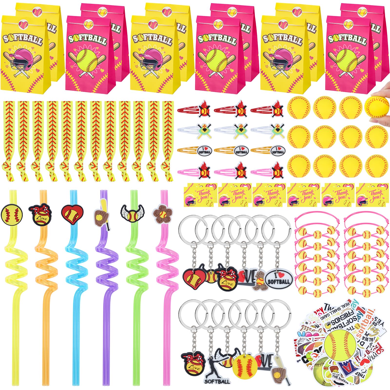 Gifts2U Softball Party Favors, 146 Pcs Softball Goodie Bags Stuffers with Charm Bracelet, Stress Balls, Stickers, Keychain and Softball Accessories,