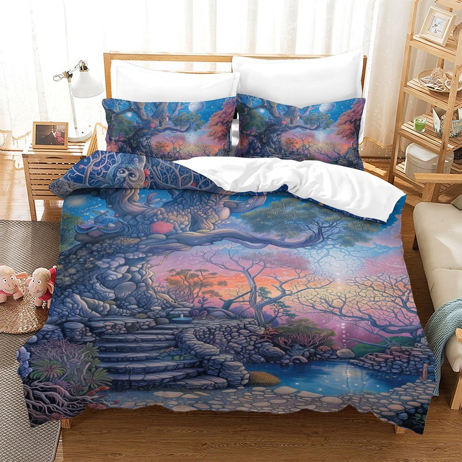 Housse de couette Arbre de Vie 3D zippée anti-plis en microfibre