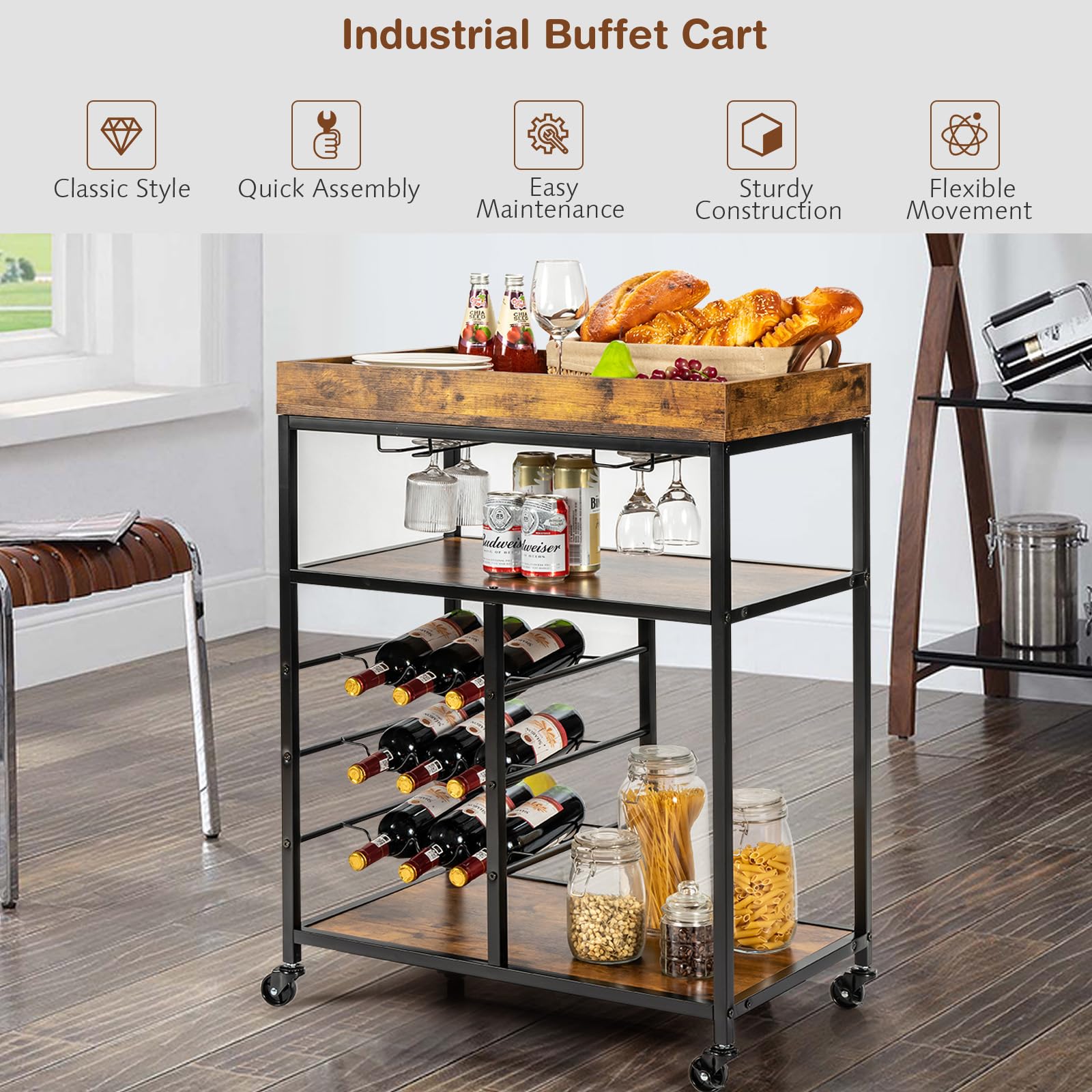 SoBuy Desserte de Cuisine avec Porte-Bouteilles, Chariot de Rangement Mobile en Bois d'Hévéa