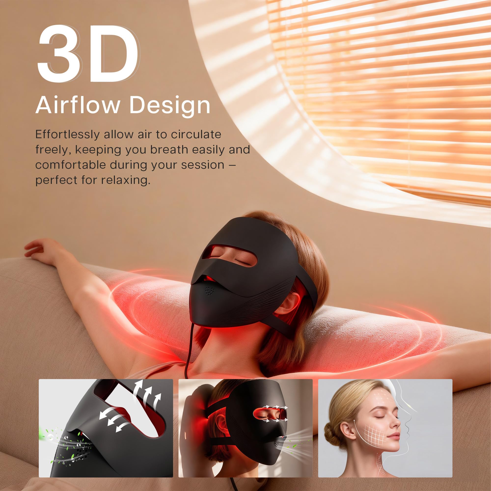 VRAIKO 9D Masque LED visage | Masque de thérapie par la lumière rouge avec 4 modes, 328 LED, design 3D de flux d'air et verrouillage de la lumière pour spa facial ultra confortable (Noir)