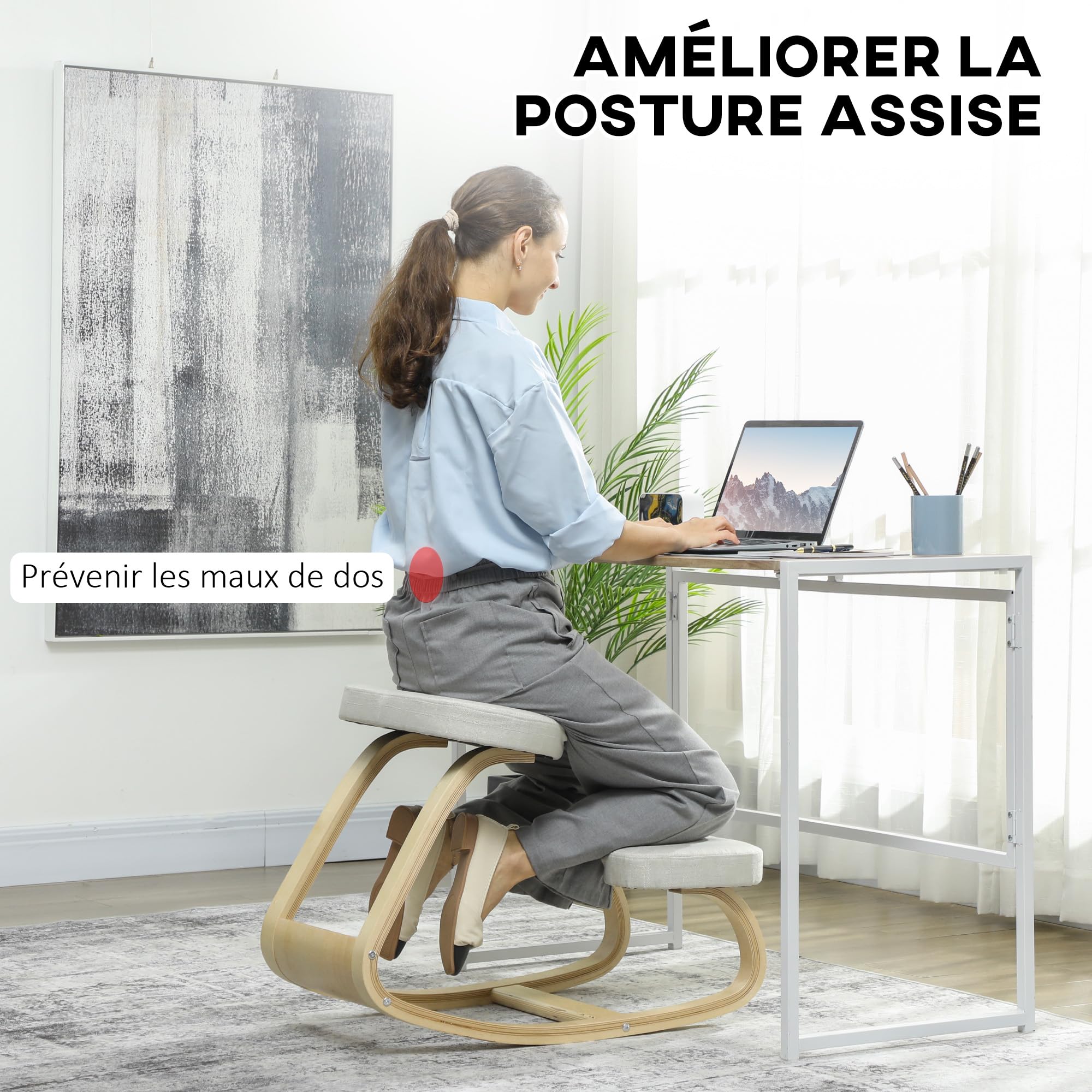 HOMCOM - Asiento de rodillas, asiento ergonómico de madera, mecedora, silla de rodillas, para oficina en casa, mejora la postura, dolor de espalda, crema