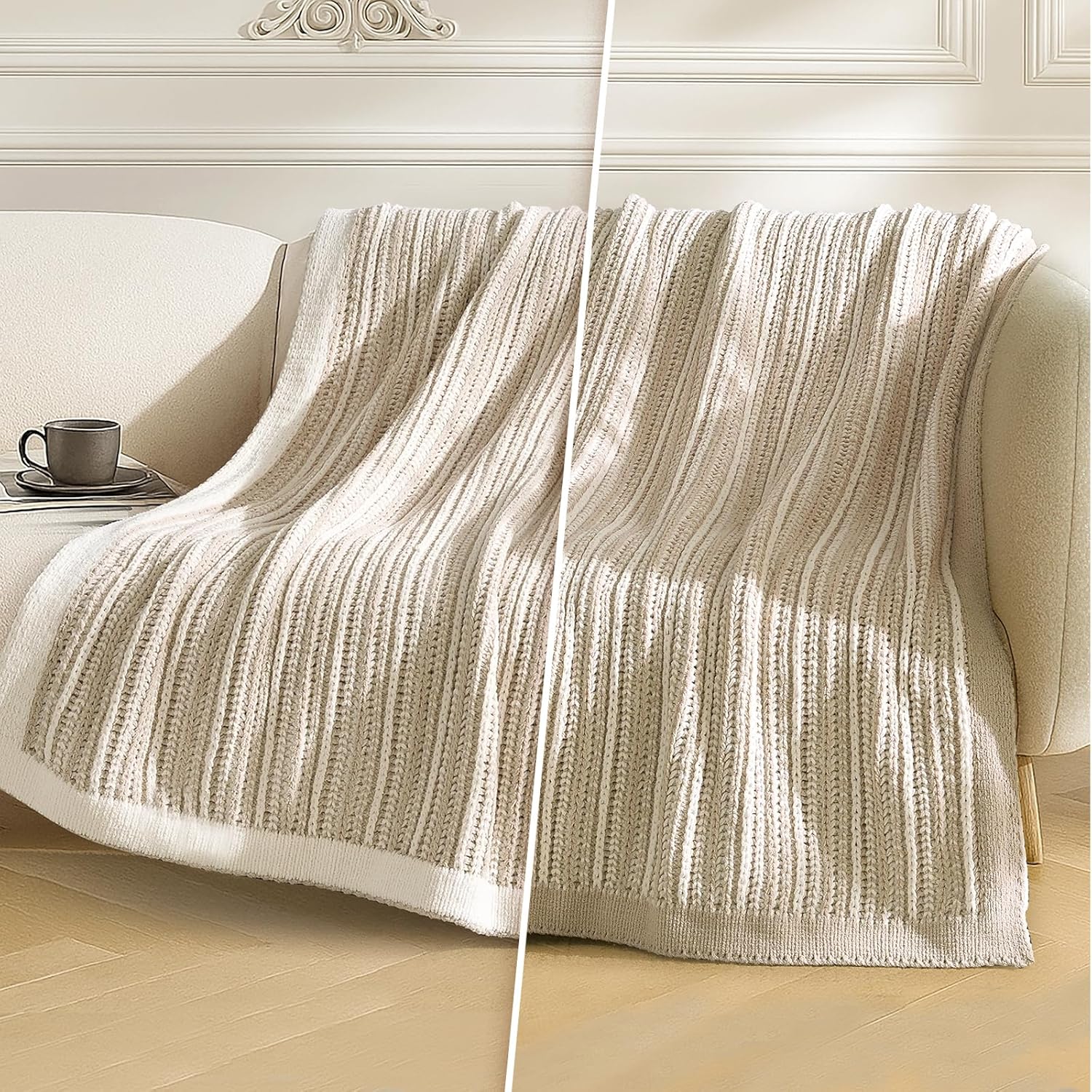 Amélie Home Striped Knit Throw Blanket for Couch, Dual-Sided Soft Chenille Decorative Blankets for Sofa & Chair, 50"x60", Khaki & White - Image 4