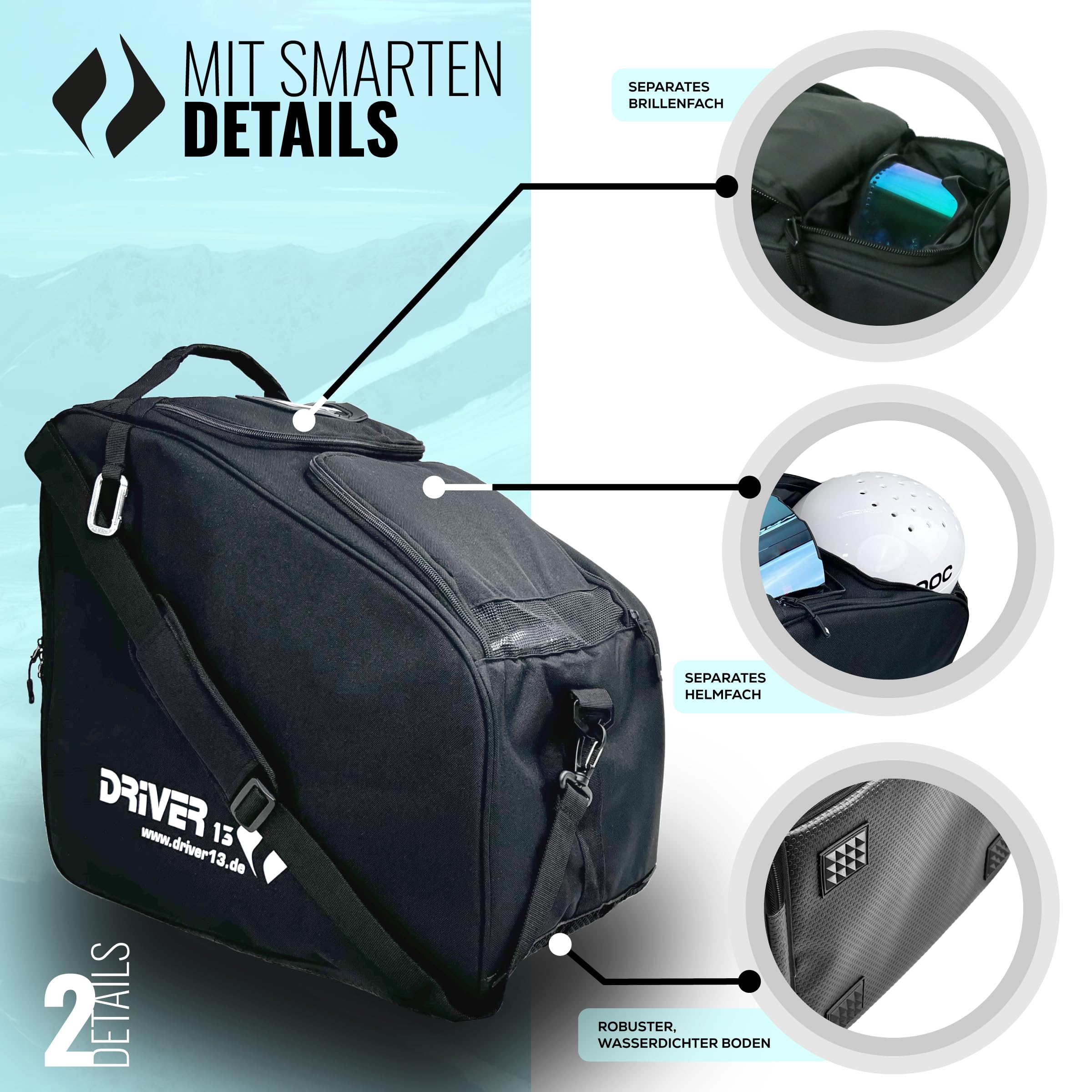 Driver13 Bolsa para Botas de esquí con Compartimento para Casco, Negro