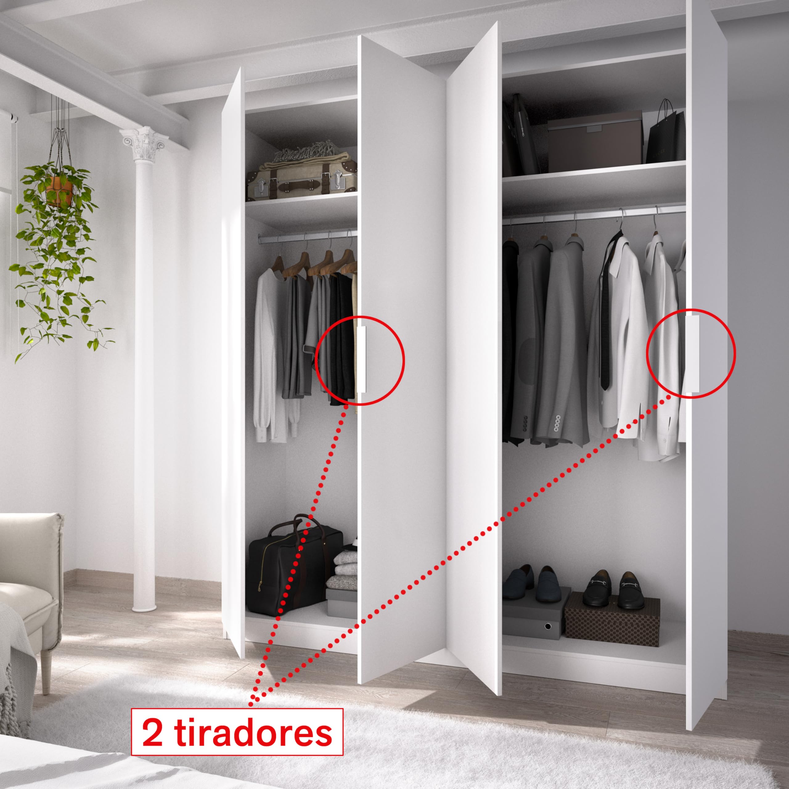 DEKIT GRUPO RIMOBEL Essen Armario 4 Puertas batientes con dos barras de colgar - Blanco Brillo - 180x204x52 cm
