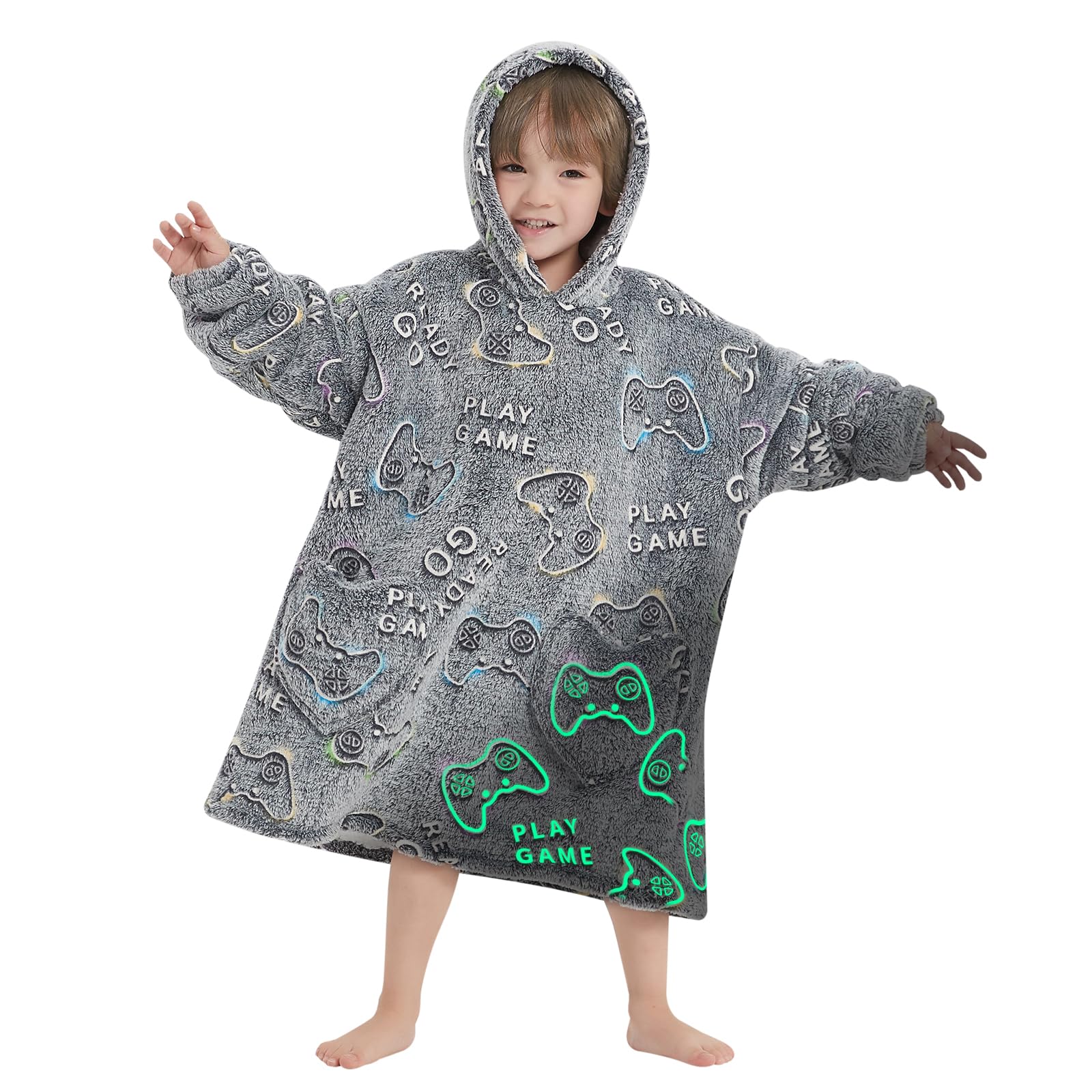 Fiosnow Glow in the Dark Game Controller Blanket Hoodies for Kids Toddler 2-6YR Oversize Wearable Blanket Hoodies for Boys Girls