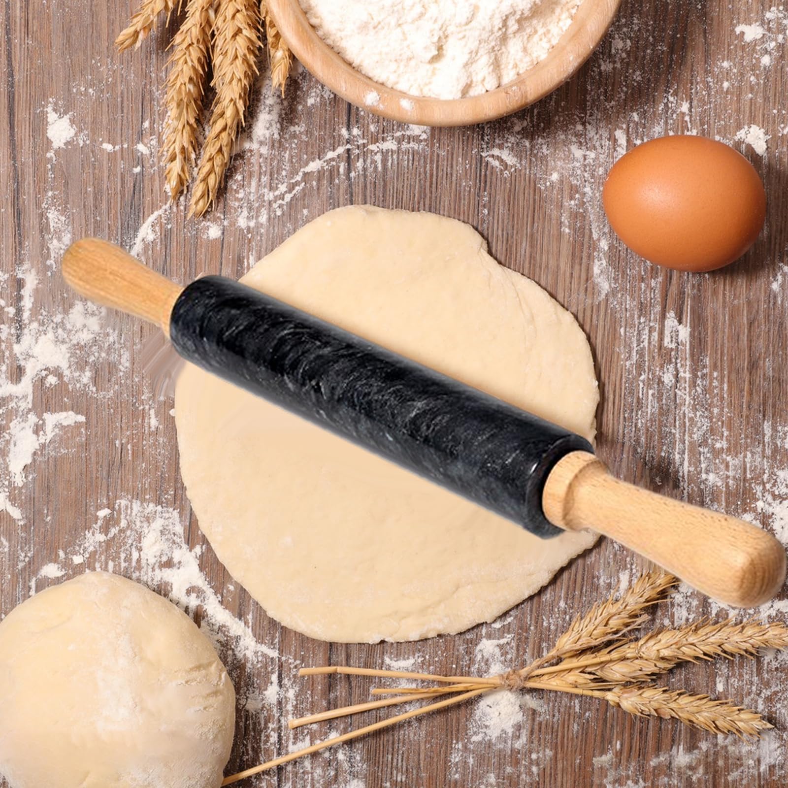 Mattarello In Marmo Nero Con Base In Legno | Antiaderente, 30 Cm, Per Pane, Pizza, Pasta Frolla E Biscotti