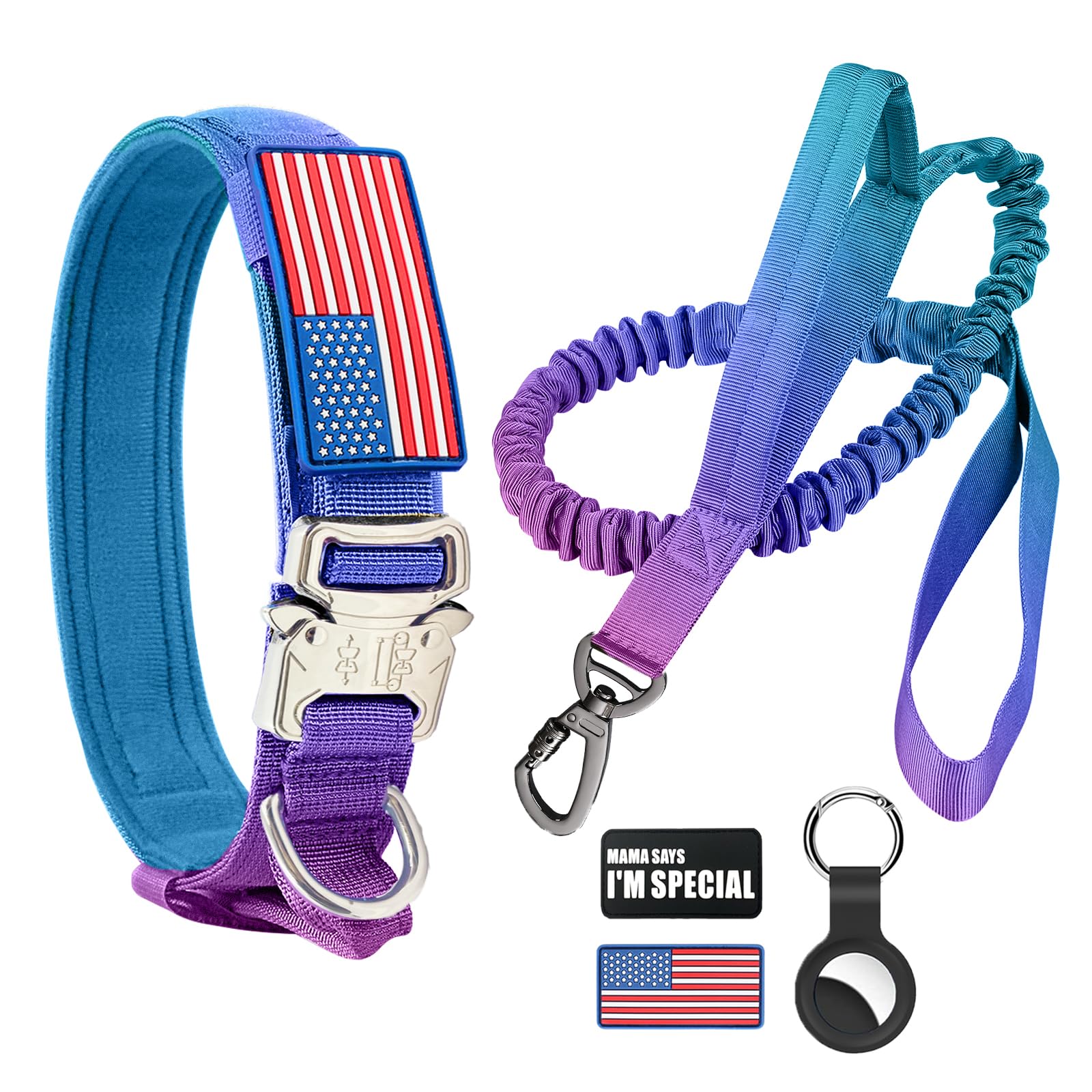 Tactical Dog Collar and Bungee Leash,Military Dog Collar & Leash Set with USA American Flag Adjustable K9 Collar with Heavy Duty Metal Buckle & Handle