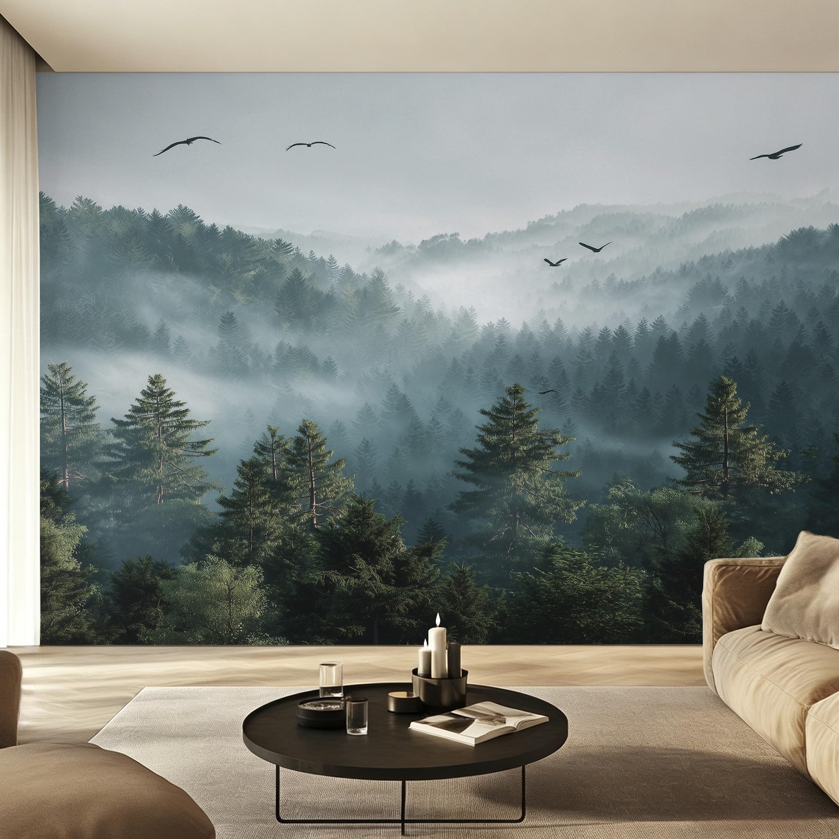 Papier peint panoramique forêt brumeuse intissé pour décoration salon 100x70