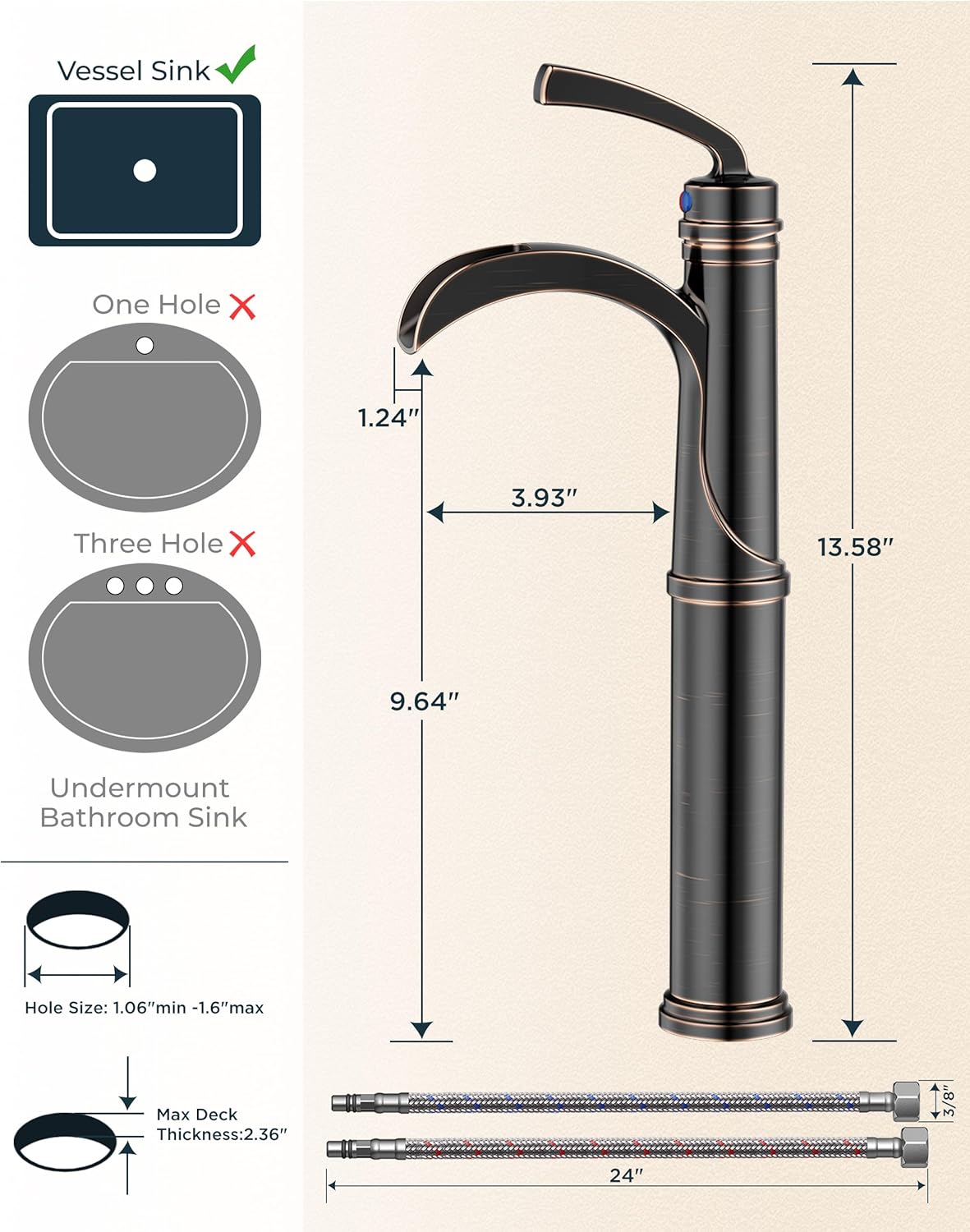 Forious Bathroom Faucets Oil Rubbed Bronze, Tall Waterfall Bathroom Faucet Single Handle One Hole Deck Mount Vessel Bathroom Sink Faucet Bowl with Metal Pop Up Drain and Supply Lines - Image 2