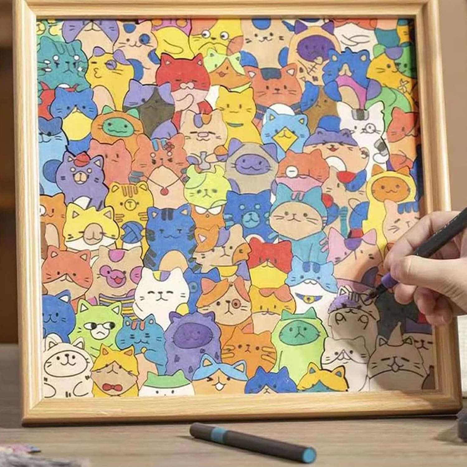 DIY Wooden Cat Puzzle Frame, Wooden Coloring Puzzle – Paint Create Display, Paintable Creative Handmade Photo Frame, Cats Shaped Woodens Coloring Puzzle Frame, Gifts for Cats Lovers (No Pens)