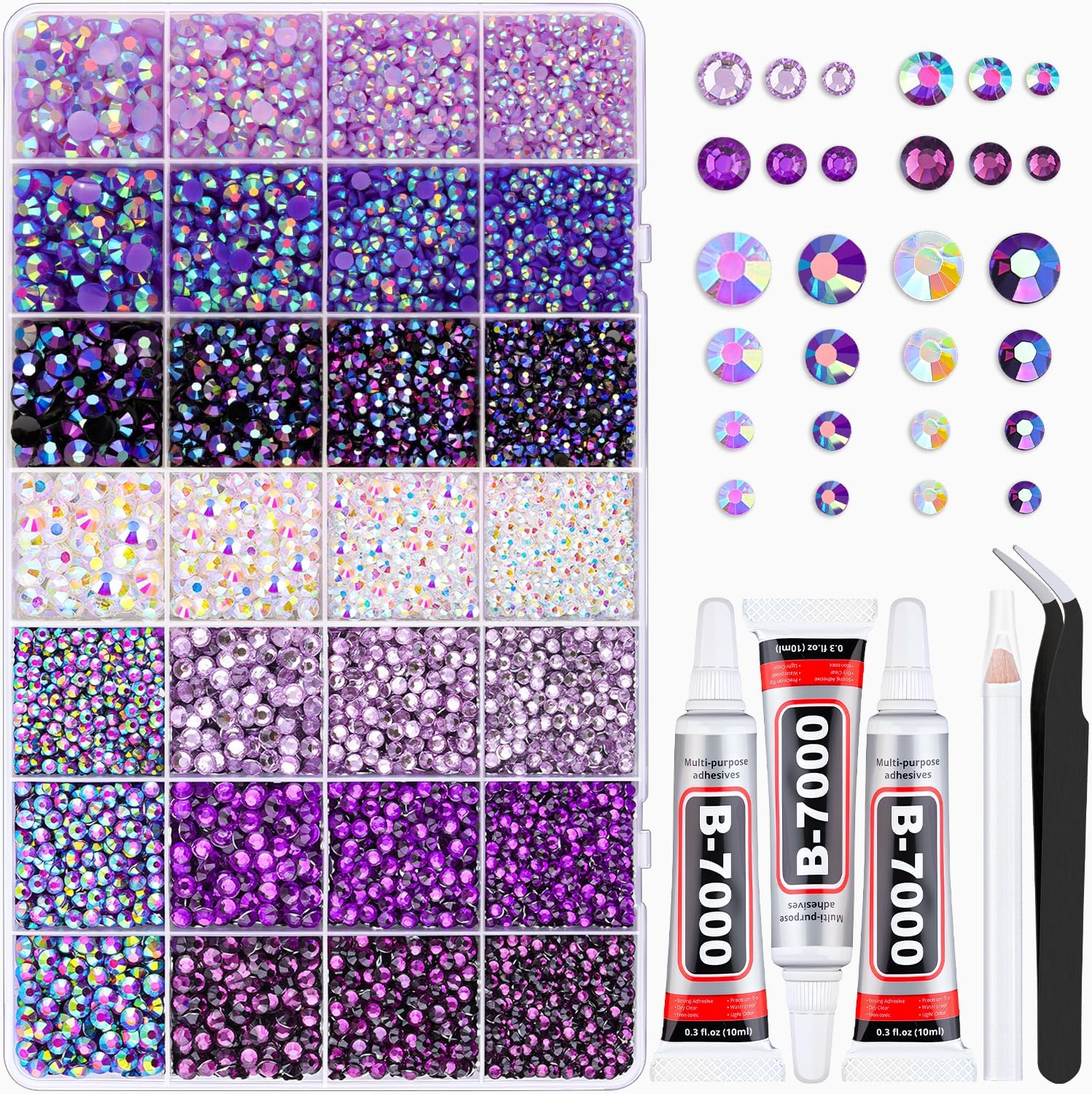 20000Pcs Purple Rhinestones for Bedazzling Kit with 3Pcs B7000 Jewelry Glue | Resin Rhinestones for Crafting Crafts，Bedazzler Kit Flatback Gems for Clothing Shoes Tumblers Nail Art