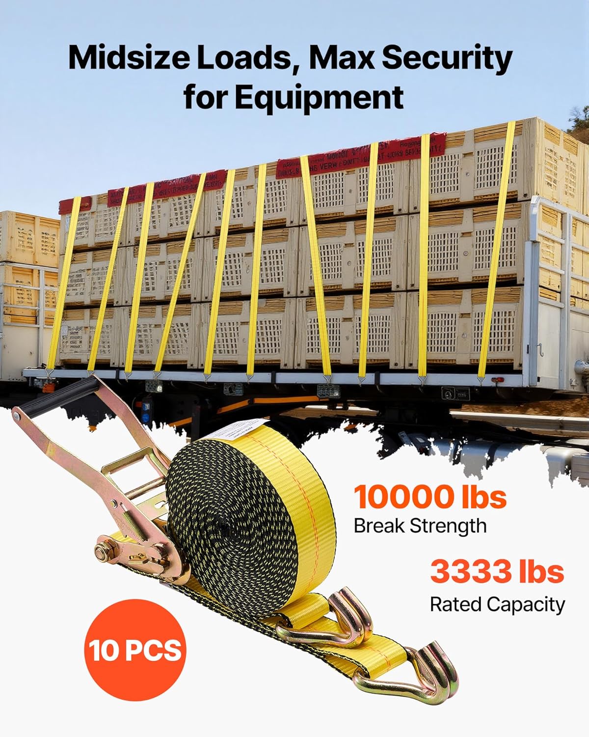 VEVOR Ratchet Straps, 2 in x 30 ft, Heavy Duty Tie Down Straps with Double J Hook, 10,000 lbs Break Strength, Tie Down Ratcheting for Moving, Trailers, Motorcycles, Kayaks, Car Roof, 10 Pack