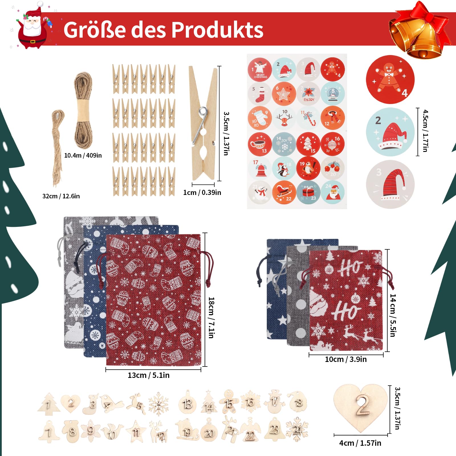 Calendario Dell'Avvento Fai Da Te In Stoffa - 24 Sacchetti Con Adesivi Natalizi - Riutilizzabile - Foto 2