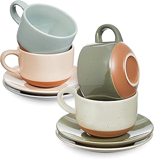Sheffield Home Elegant Coffee Mug Set - Set of 4 Stoneware 8oz Cups with Saucers – Dishwasher and Microwave Safe - Ideal f...
