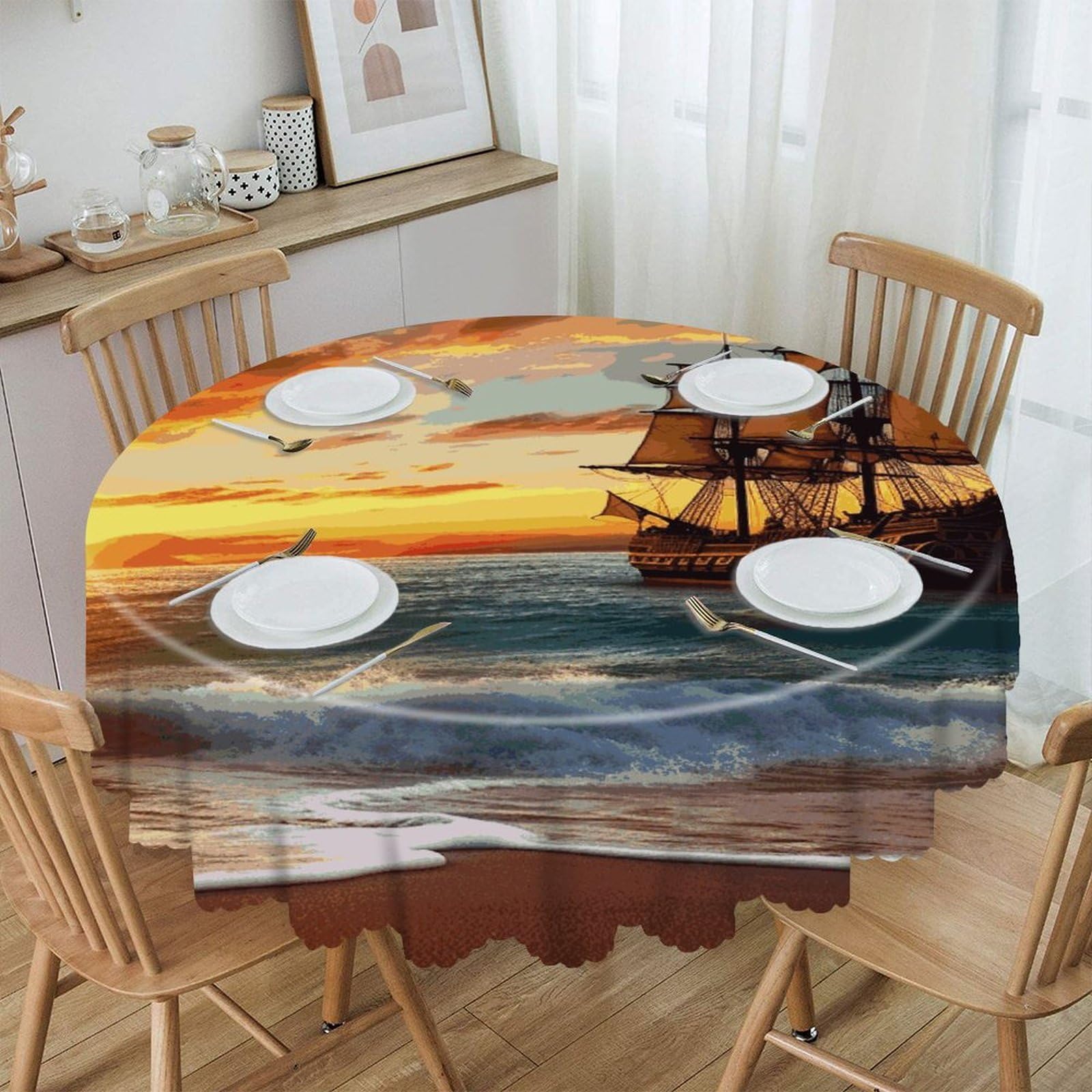JTREHY - JTREHY Round Tablecloth Washable Spill-Proof Washable Washable Polyester Table Cover for Buffet Tables, Holiday Parties, Dinner Parties by JTREHY - Pirate Ship at Sunset