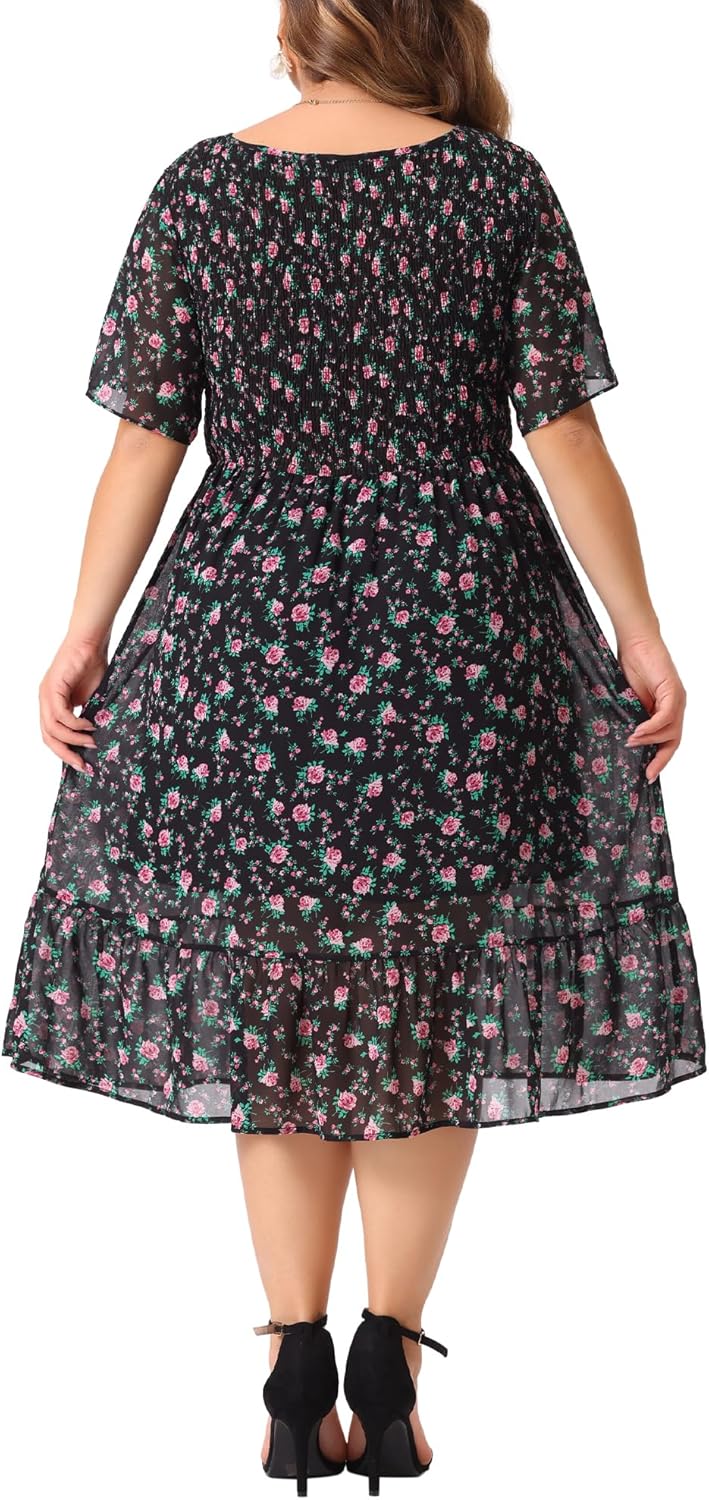 Agnes Orinda Plus Size Dresses for Women Flare Smock Ruffle Chiffon Floral Midi Dress - Image 4