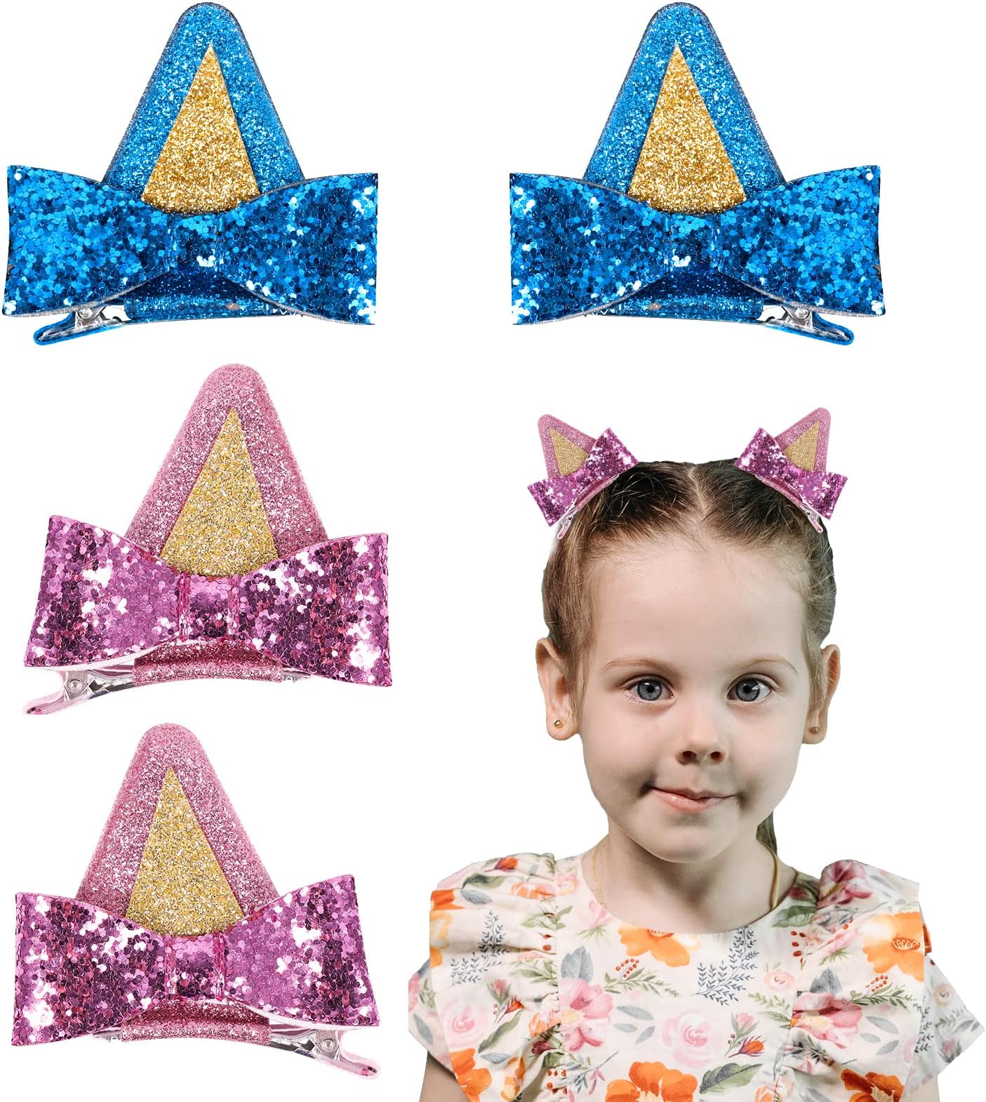Blue Dog Ears Hair Clips Kids Toddler Girls Glitter Pink