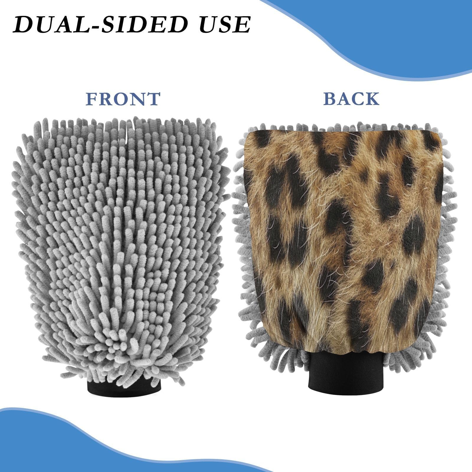Kigai Beautiful Brown Leopard Print Car Wash Mitt Microfiber, 2Pcs Scratch Free Lint-Free, Premium Chenille Microfiber Mitt Car Wash Brush-L
