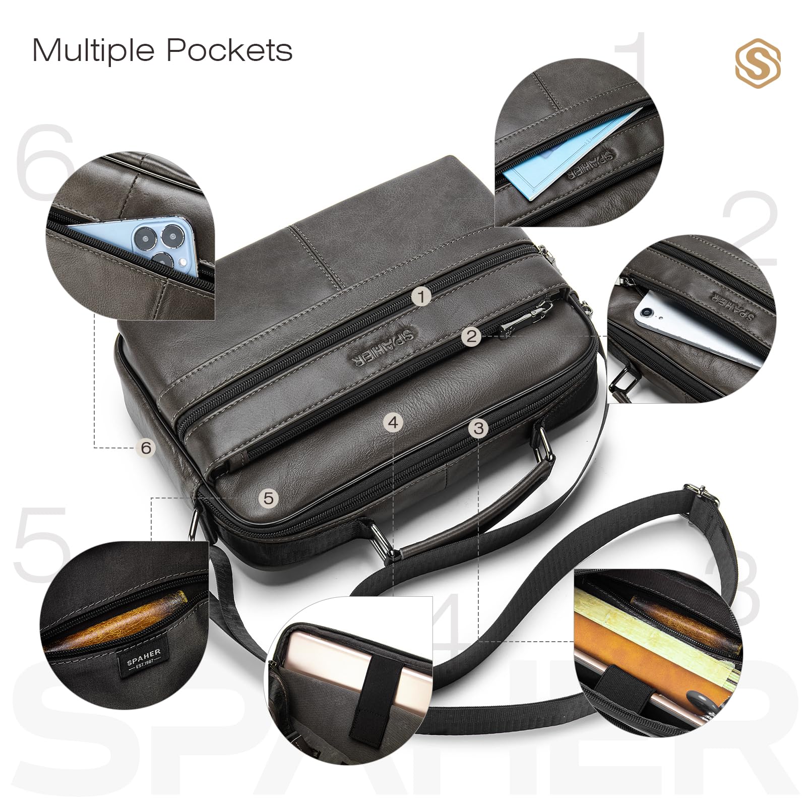 SPAHER Borsello Uomo Tracolla Pelle Grande Borsello per Ipad 11 Pollici Borsa Tracolla Impermeabile Borsetta Marsupio Uomo Multitasche per Quotidiano Lavoro Messenger Crossbody Sling Bag, Grigio
