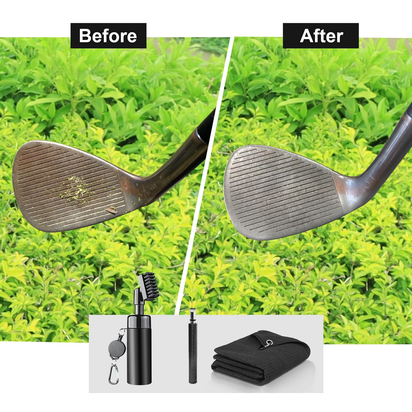 Kit de limpieza para palos de golf con afilador de ranura, toalla, cepillo de agua con botella spray y clip retráctil