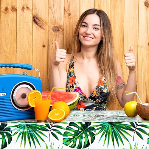 Miniatura 7 de Mixweer 6 manteles hawaianos Luau para decoración de fiestas, manteles rectangulares de plástico desechables, hojas de palma tropicales grandes,