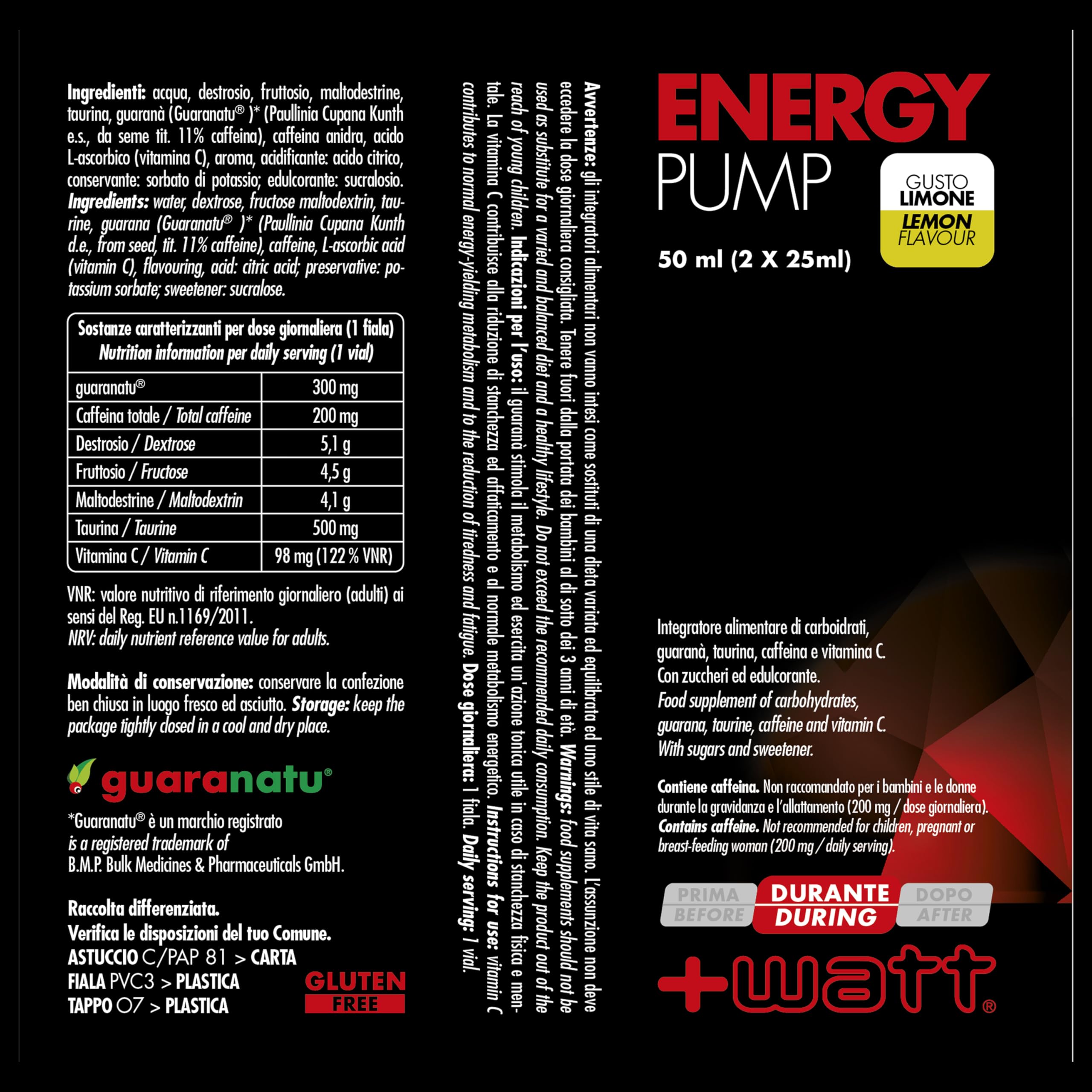Energy Pump - Integratore Di Carboidrati, Guaranà, Taurina, Caffeina E Vitamina C, Gusto Limone - 16 Astucci Da 2 Fiale