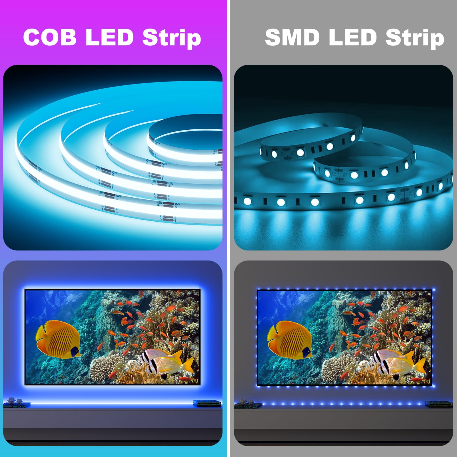 Striscia LED Striscia LED COB 5m, Nastro LED con Telecomando e App e Sincronizzazione Musica, Striscia LED Dimmerabile Autoadesiva 24V, Illuminazione TV LED 36W Molto Luminosa per Cucina, Soggiorno