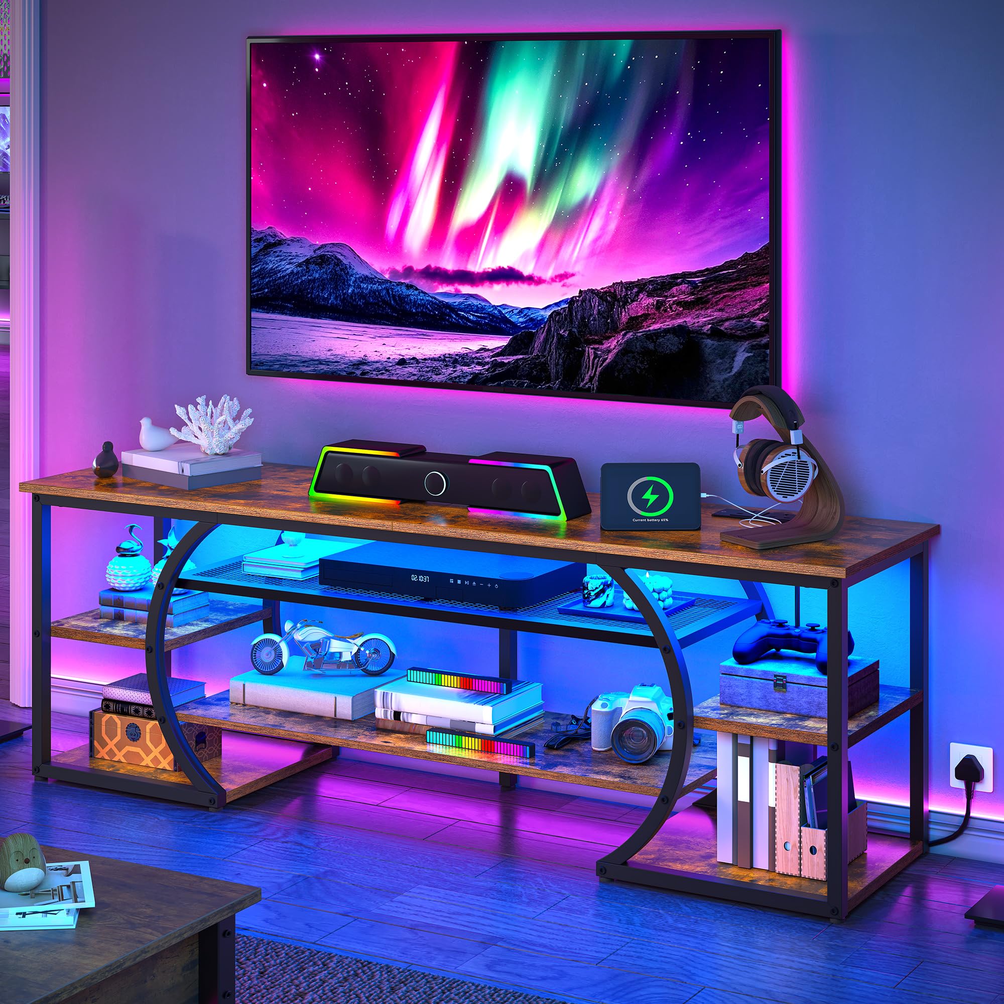 YITAHOME 160cm TV Standschrank mit 2 AC & 2 USB Buchse für Fernseher bis zu 70 Zoll mit 7 RGB LED 22 Modi Lichter Entertainment Center für Wohnzimmer und Schlafzimmer Rustikales Braun