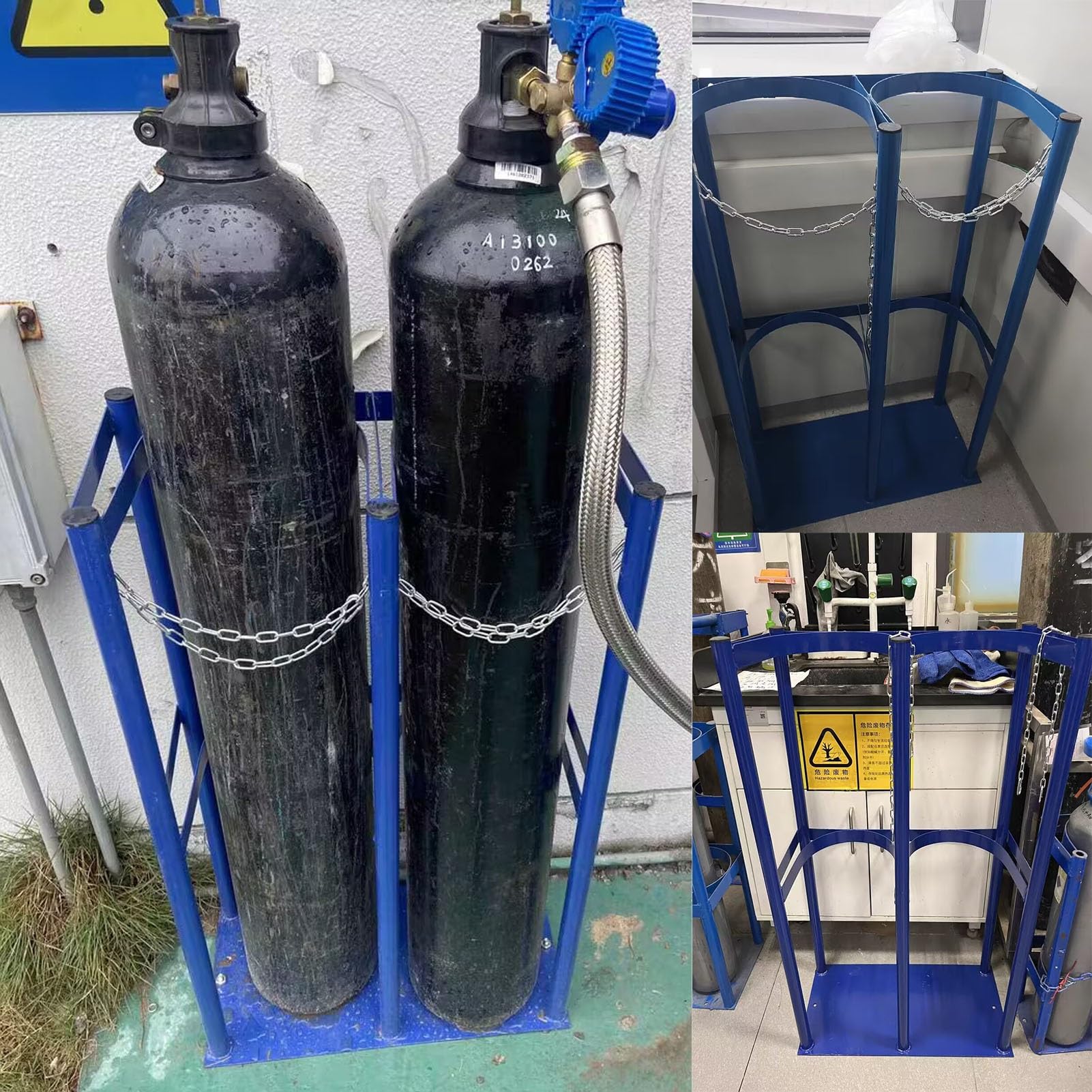 ZIMGOD Oxygen Tank Holder Floor Mountable Oxygen Cylinder Stand, Oxygen Acetylene Bottle Storage Rack w/Double Protection Chain, 100cm Tall Gas Cylinder Fixed Shelf