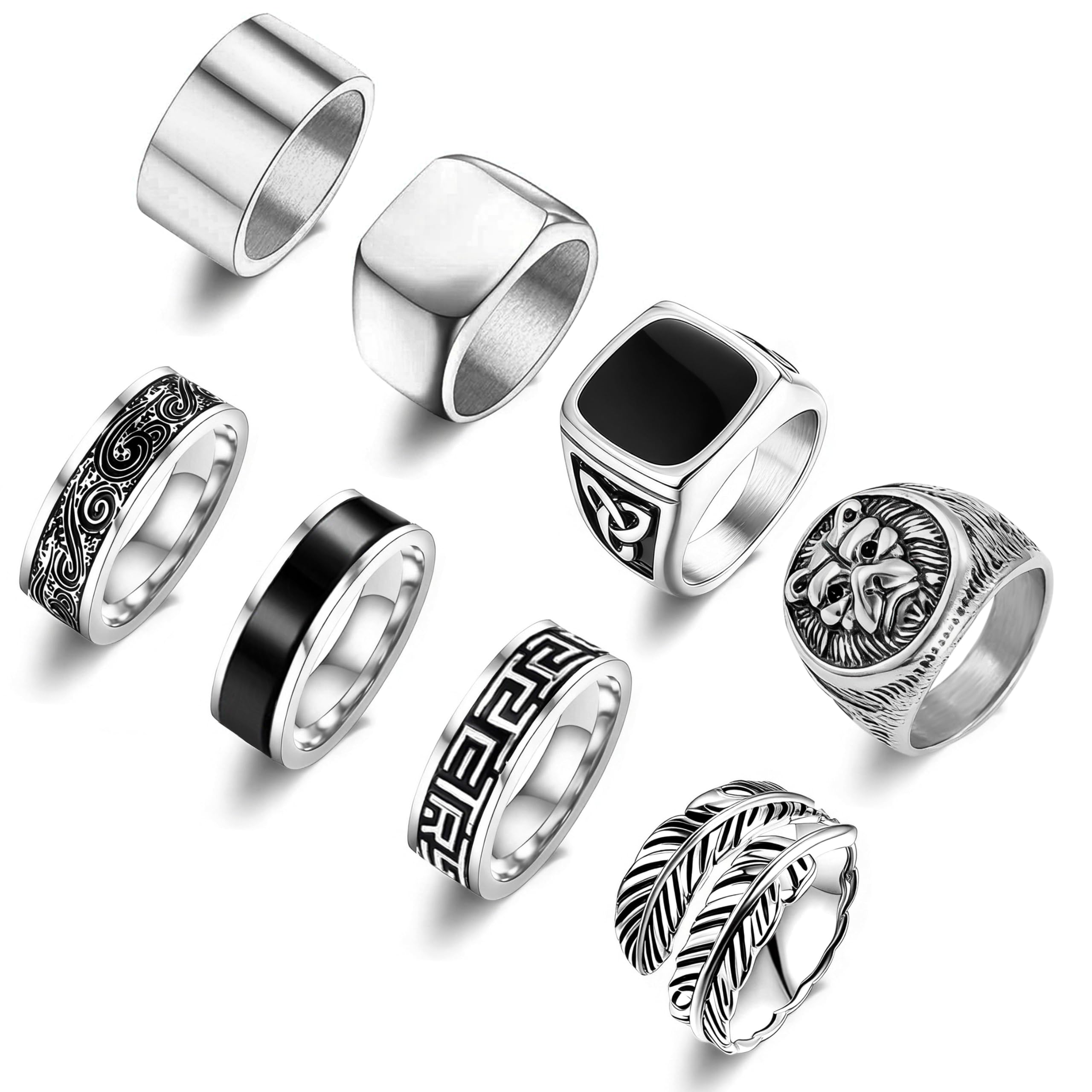 GIFIKOI 8Pcs Stainless Steel Vintage Rings for Men Greek Signet Thumb Retro Ring Carving Celtic Band Men's Rings Biker Band Rings Set