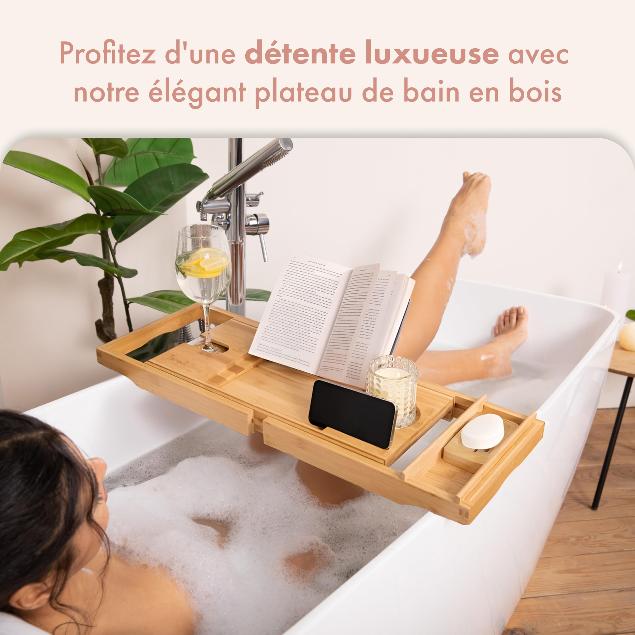 TranquilBeauty Panier de Bain Extensible | Plateau de Bain réglable avec Porte-vin en Bambou Naturel Durable | Planche de Bain en Bois de Luxe avec Support pour iPad, Tablette et téléphone