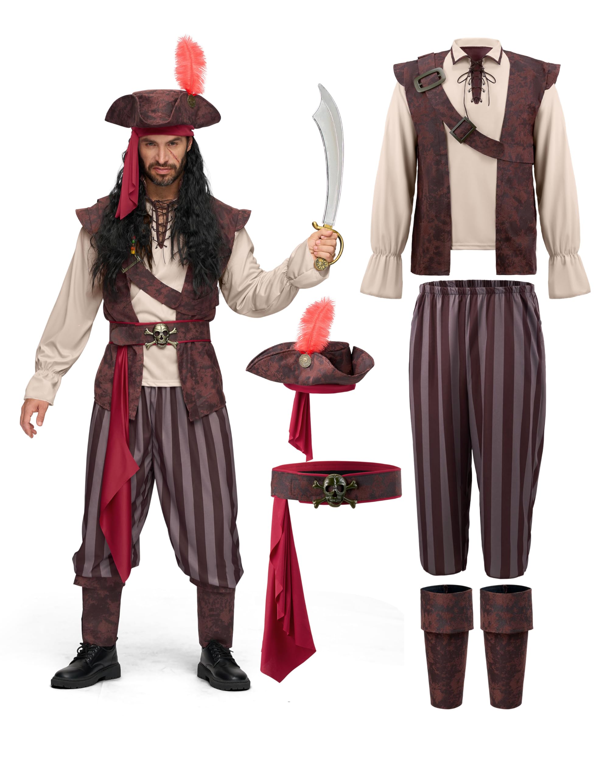 Spooktacular Creations Mens Caribbean Pirate Costume Adult Khaki Sea Captain Robber Costume for Halloween Dress Up Party, Cosplay Party