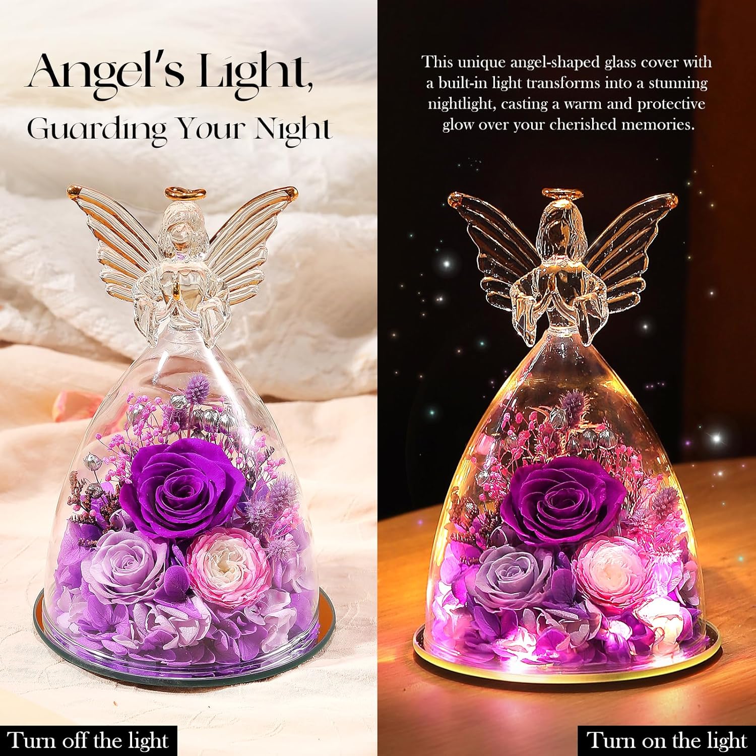 RoseValley Angel Roses Gifts for Her,Preserved Real Flowers Roses in Glass Angel Figurines,Valentines Day Birthday Gifts for Grandma Women Mom Wife Girlfriend Best Friend/Purple - Image 5